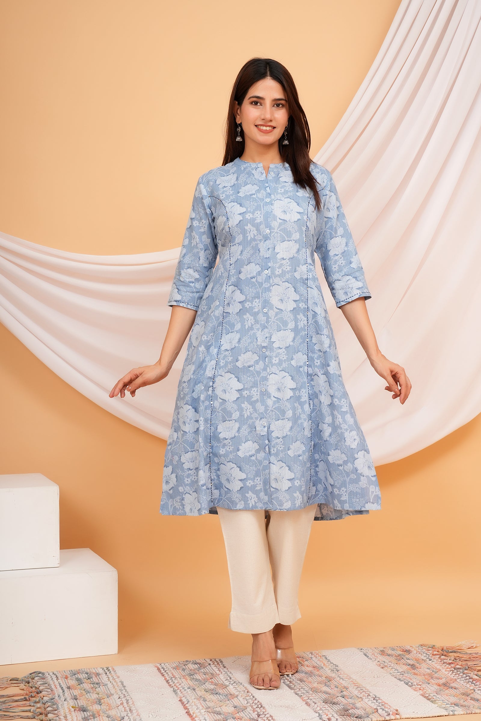 Floral Themed Blue Base Kantha Stitch Traditional White Flower Printed Kurti for Women - Sky Blue
