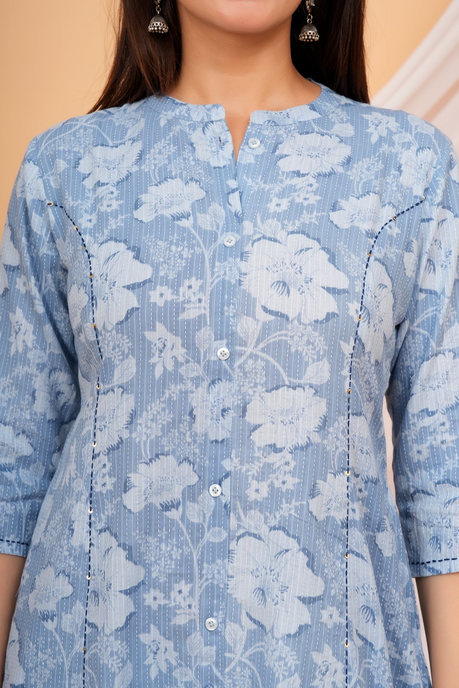 Floral Themed Blue Base Kantha Stitch Traditional White Flower Printed Kurti for Women - Sky Blue