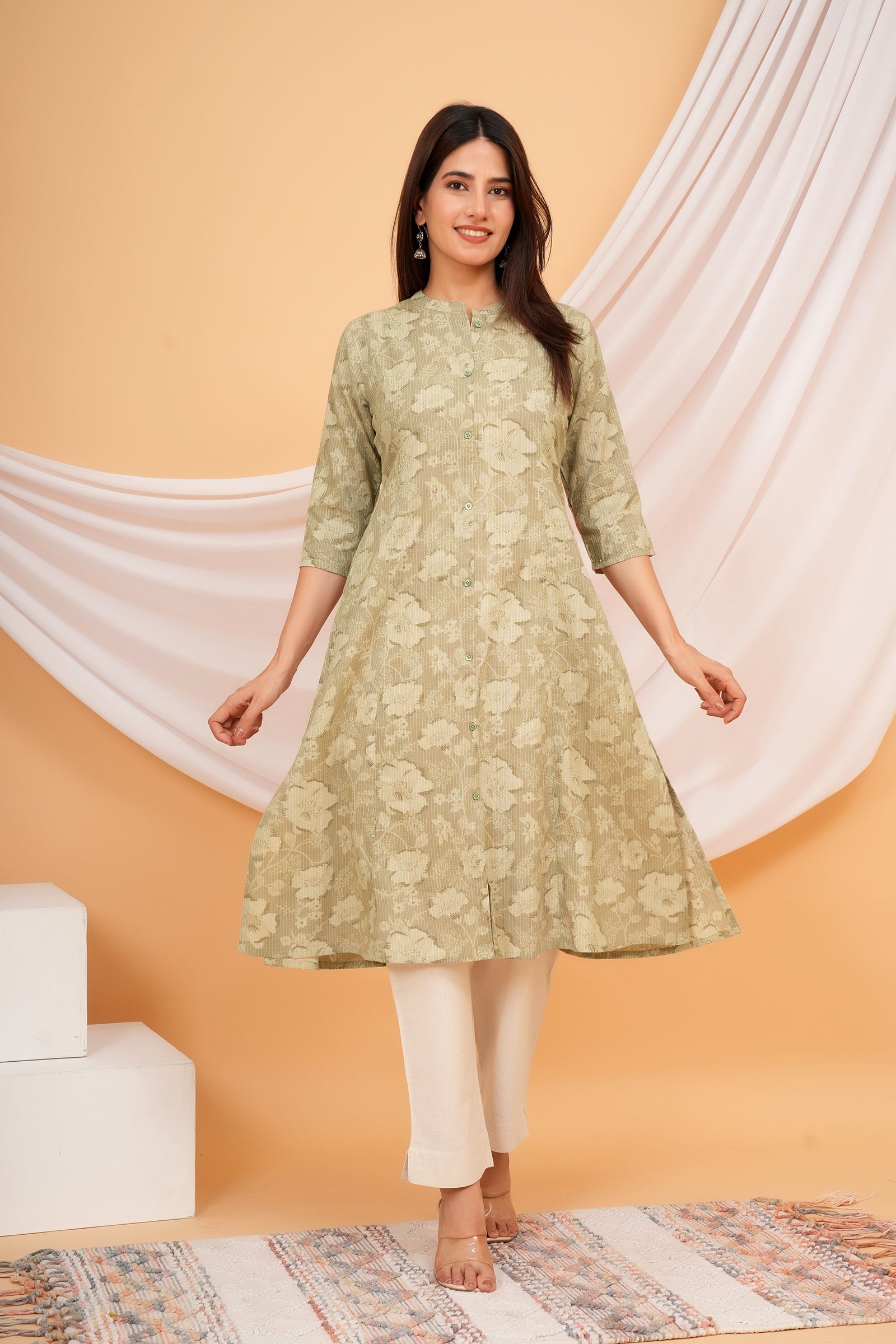 Floral Themed Greyish Green Base Kantha Stitch Traditional Flower Printed Kurti for Women - Grey Green