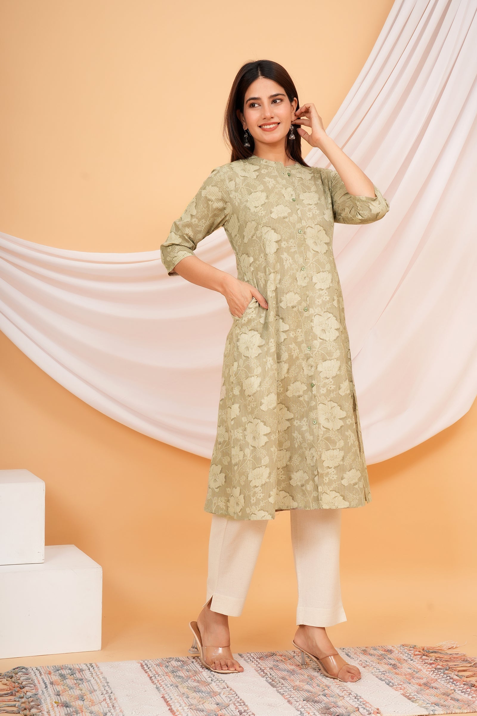 Floral Themed Greyish Green Base Kantha Stitch Traditional Flower Printed Kurti for Women - Grey Green
