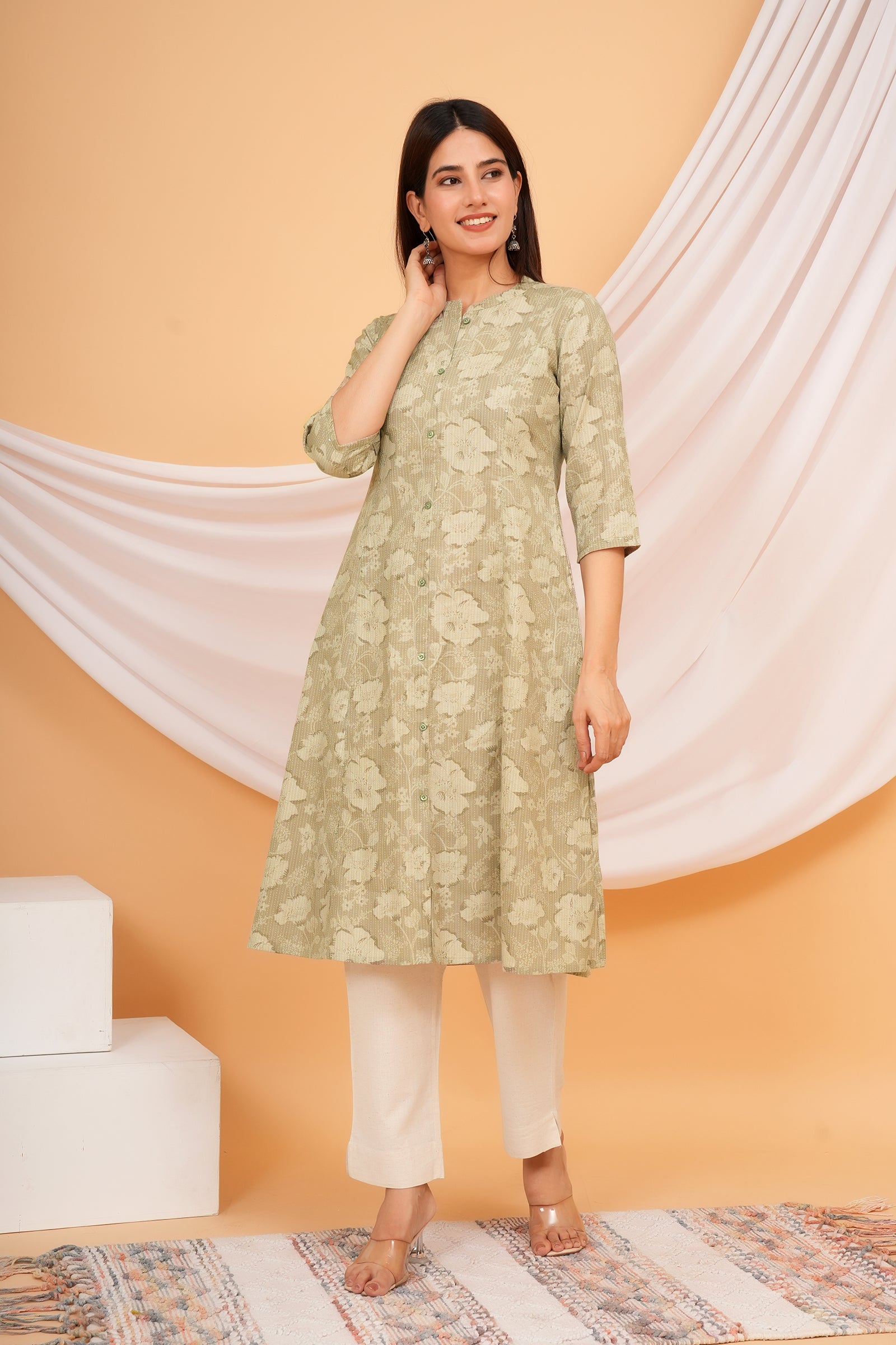 Floral Themed Greyish Green Base Kantha Stitch Traditional Flower Printed Kurti for Women - Grey Green