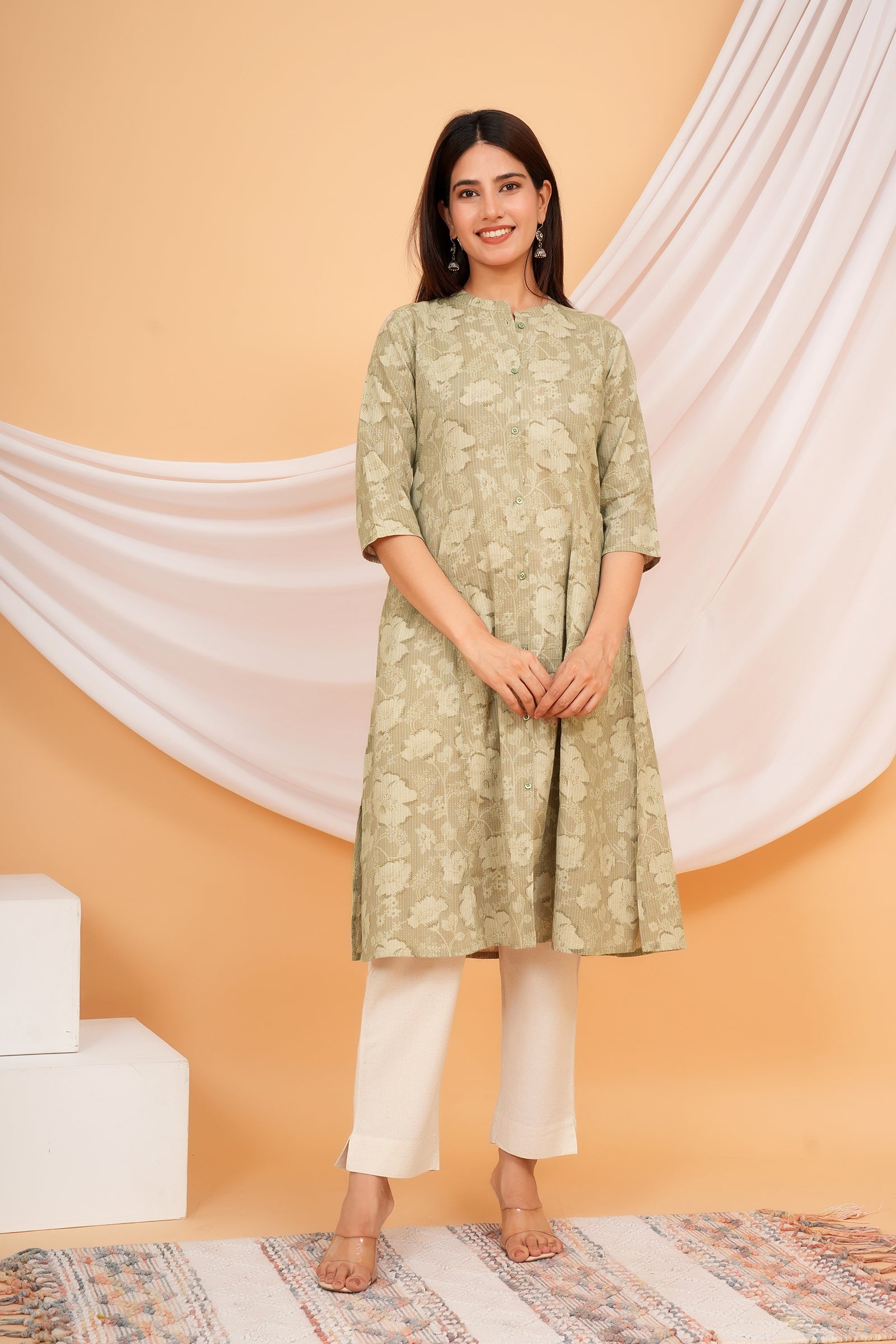 Floral Themed Greyish Green Base Kantha Stitch Traditional Flower Printed Kurti for Women - Grey Green
