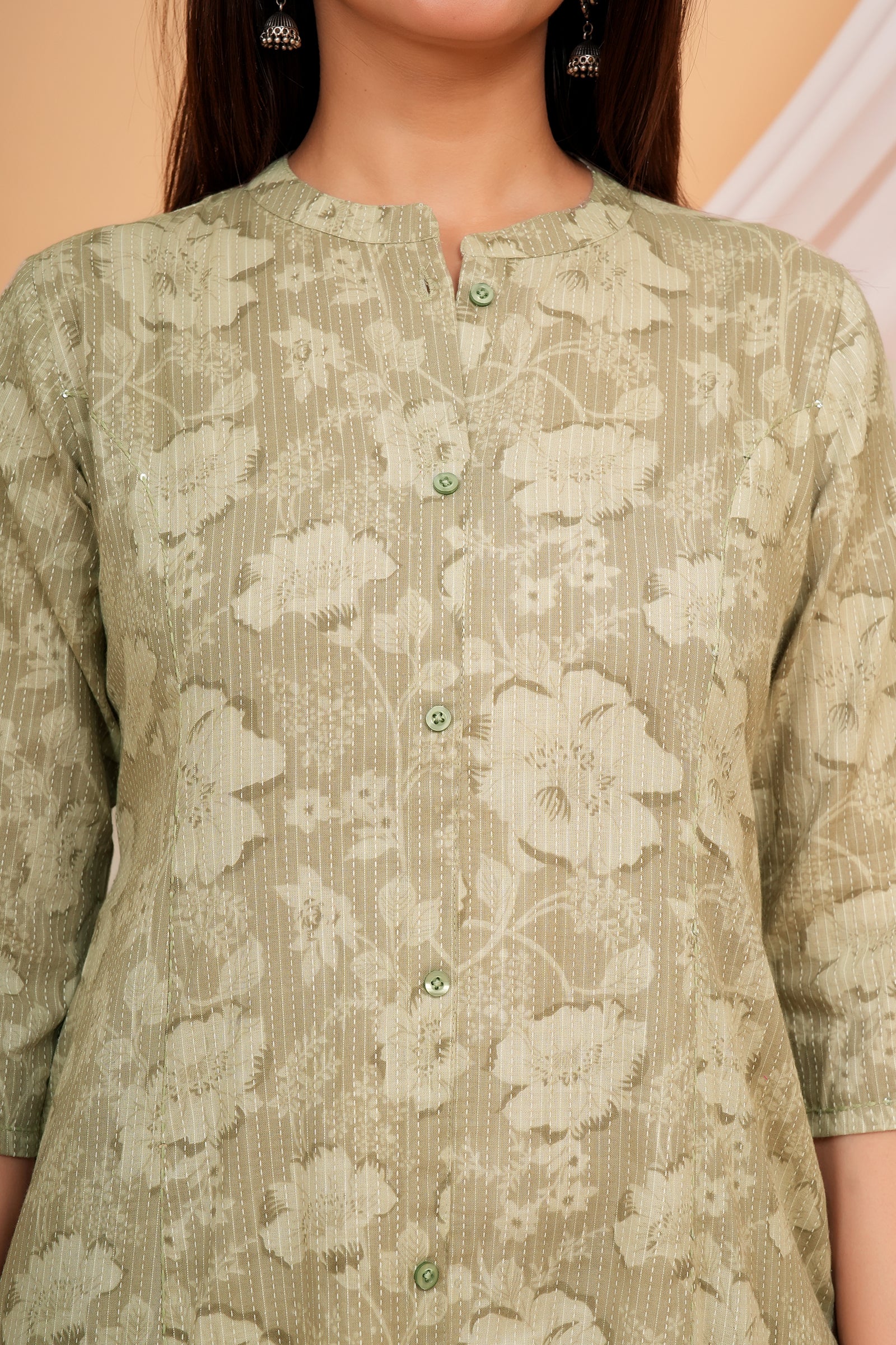 Floral Themed Greyish Green Base Kantha Stitch Traditional Flower Printed Kurti for Women - Grey Green