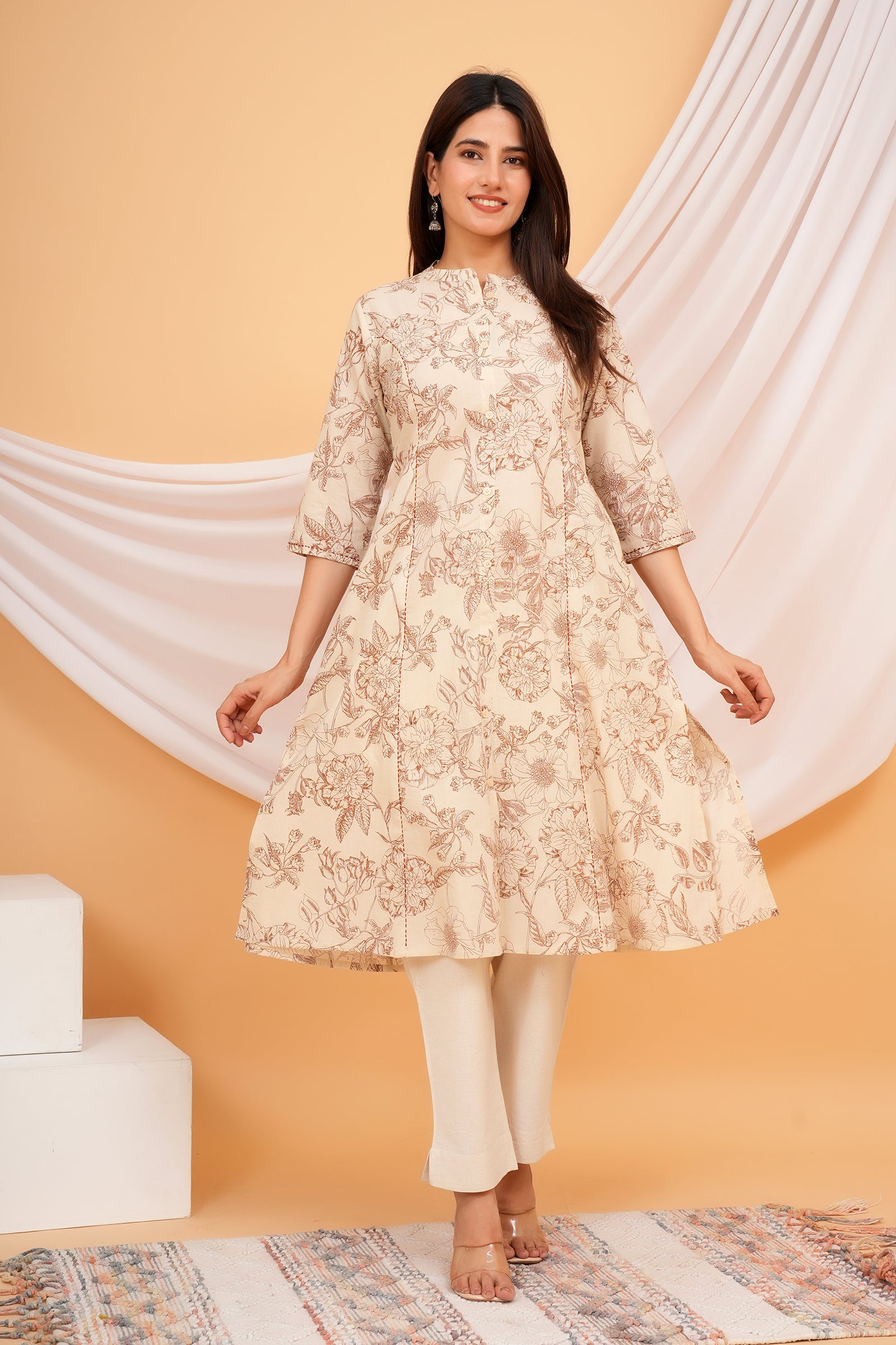 Floral Themed Beige Base Traditional Brown Flower Printed Kurti for Women - Brown & Beige