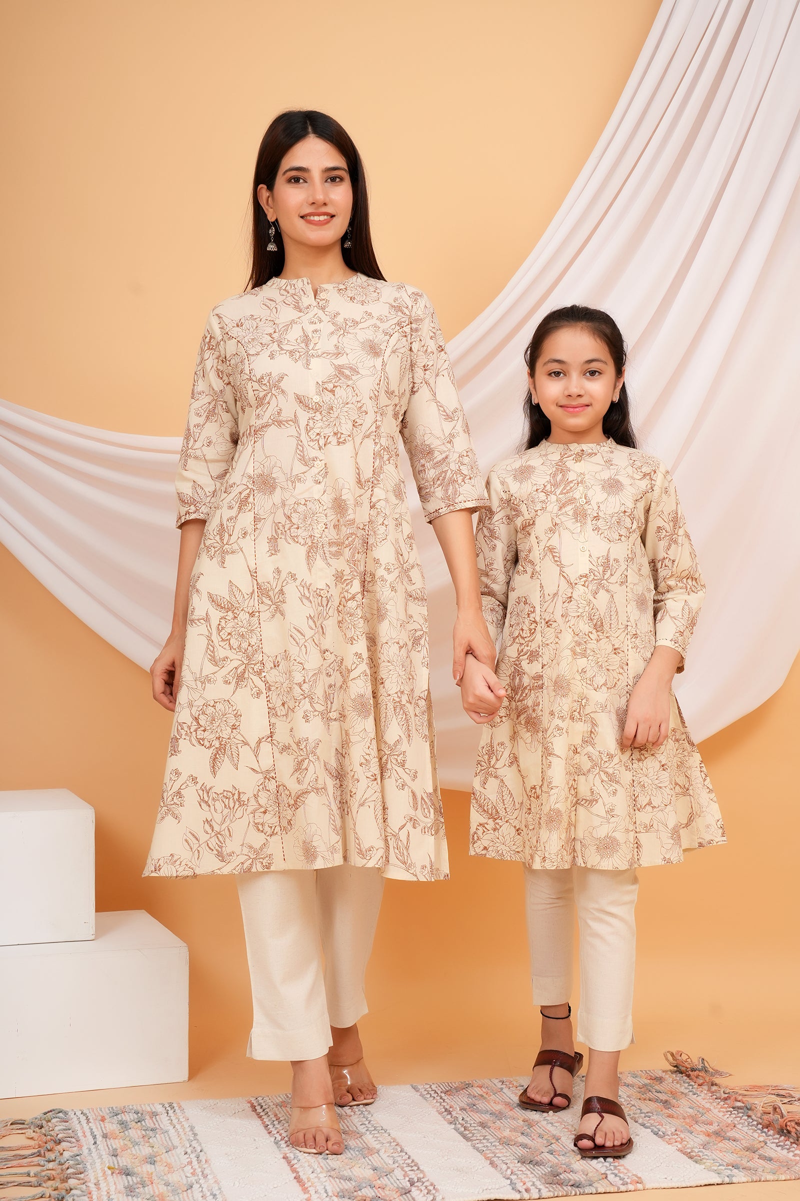 Floral Themed Beige Base Brown Flower Printed Traditional Kurti Maa Beti Duo - Brown & Beige