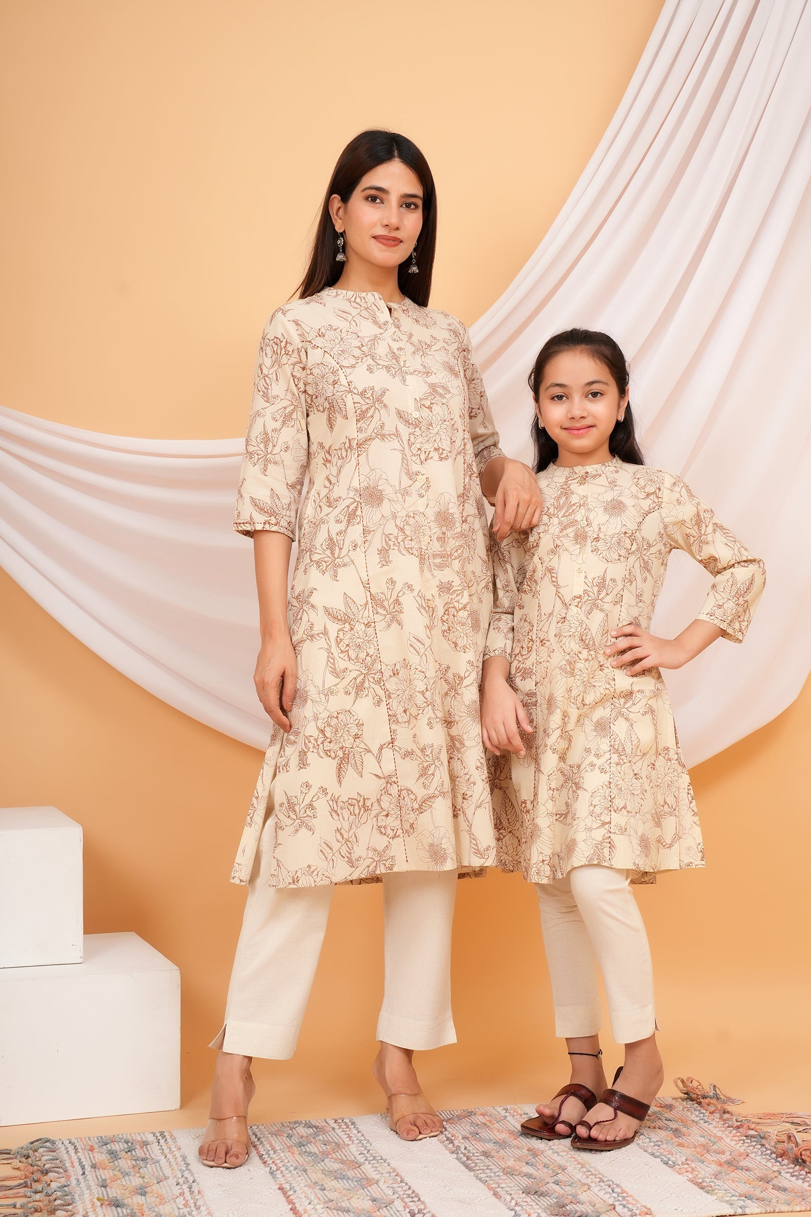 Floral Themed Beige Base Brown Flower Printed Traditional Kurti Maa Beti Duo - Brown & Beige