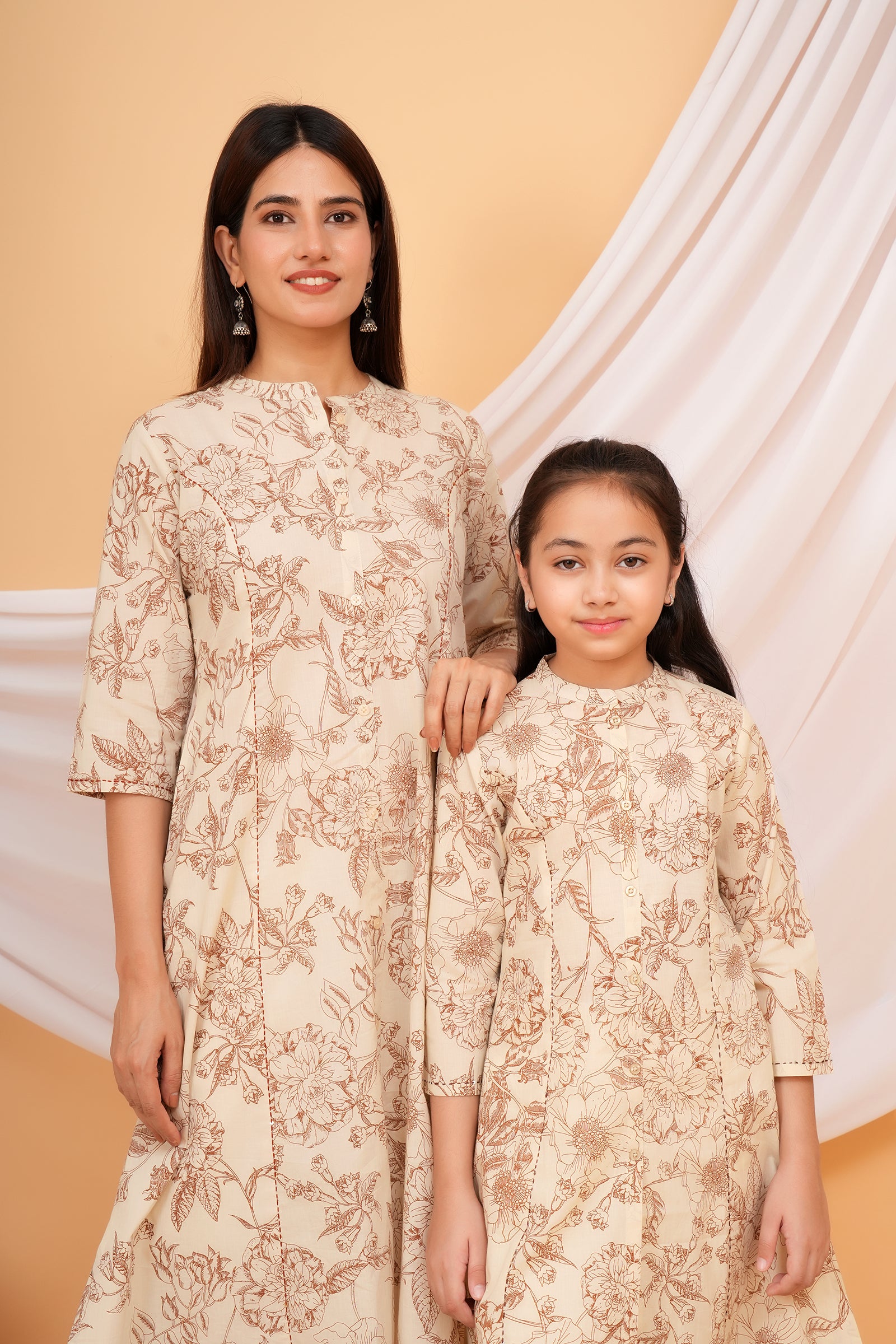 Floral Themed Beige Base Brown Flower Printed Traditional Kurti Maa Beti Duo - Brown & Beige