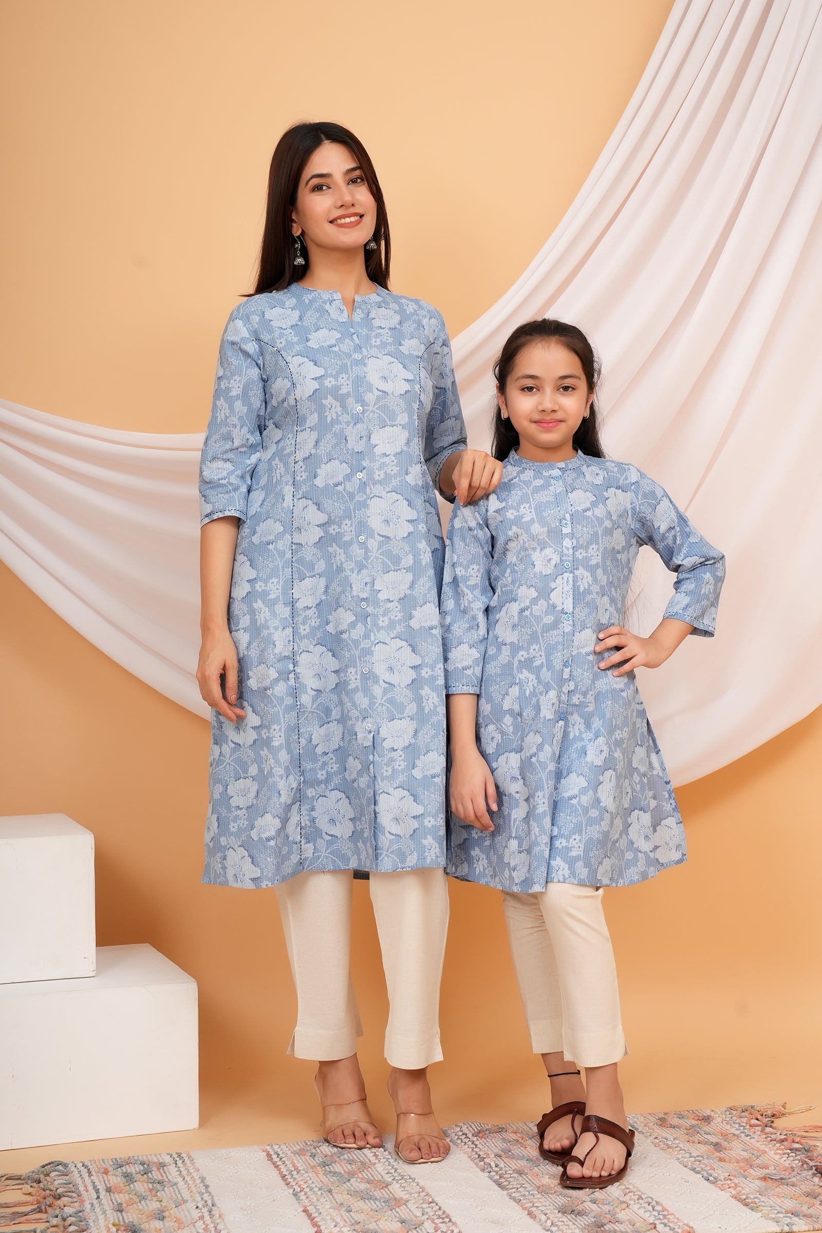 Floral Themed Blue Base White Flower Printed Traditional Kurti Maa Beti Duo - Sky Blue