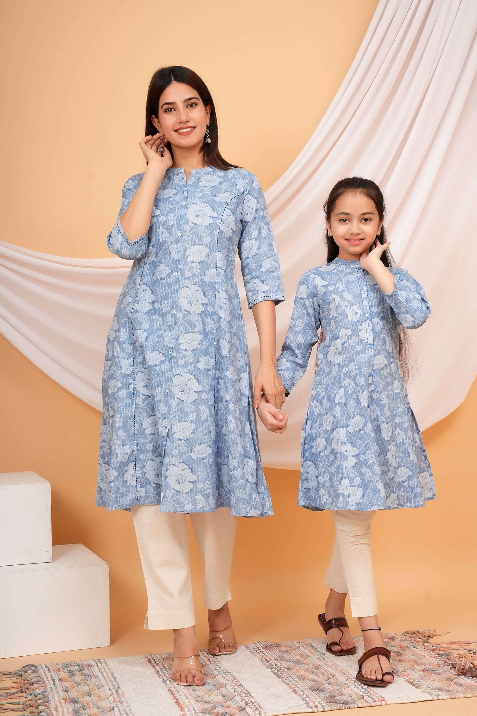 Floral Themed Blue Base White Flower Printed Traditional Kurti Maa Beti Duo - Sky Blue