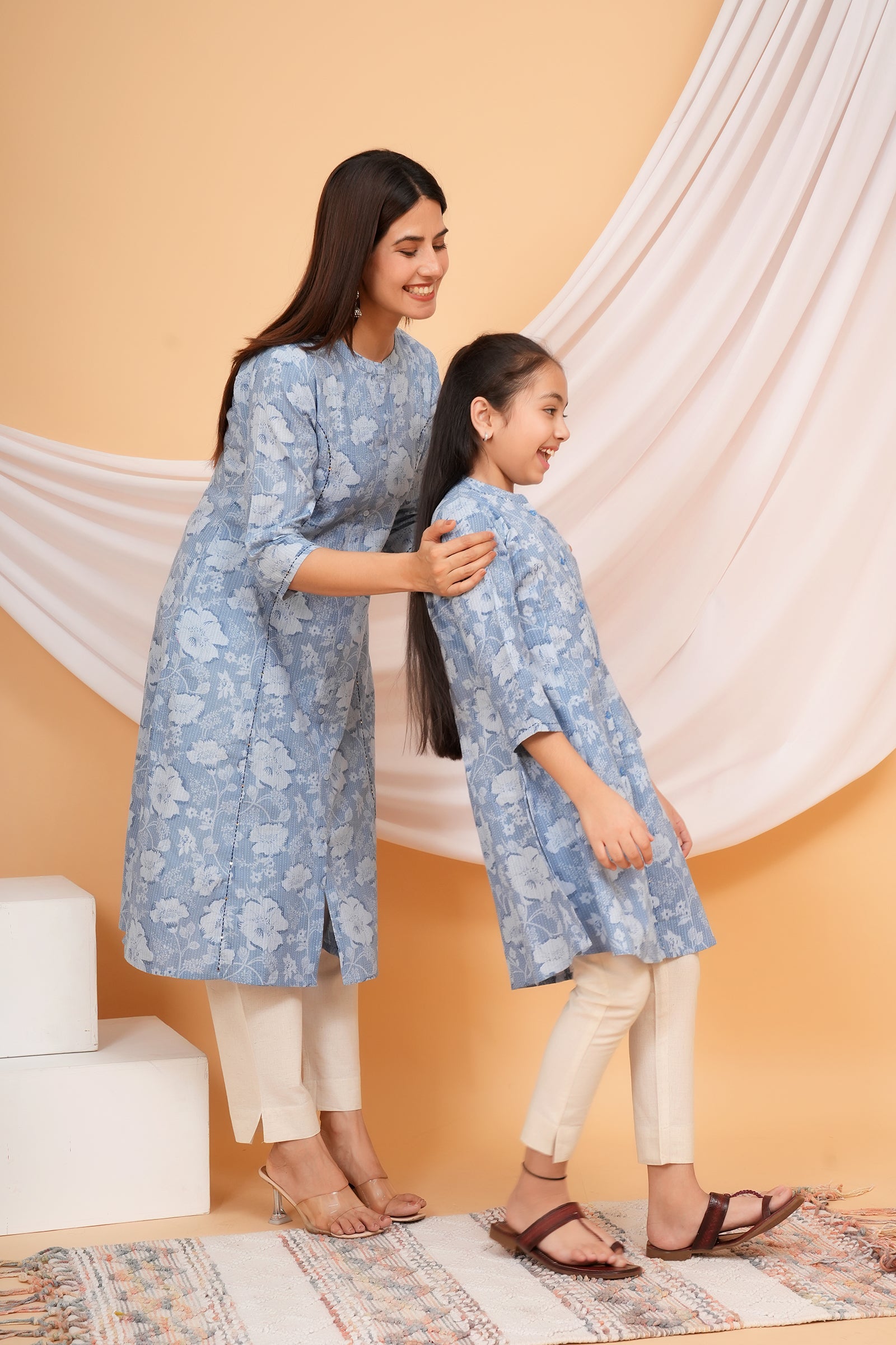 Floral Themed Blue Base White Flower Printed Traditional Kurti Maa Beti Duo - Sky Blue