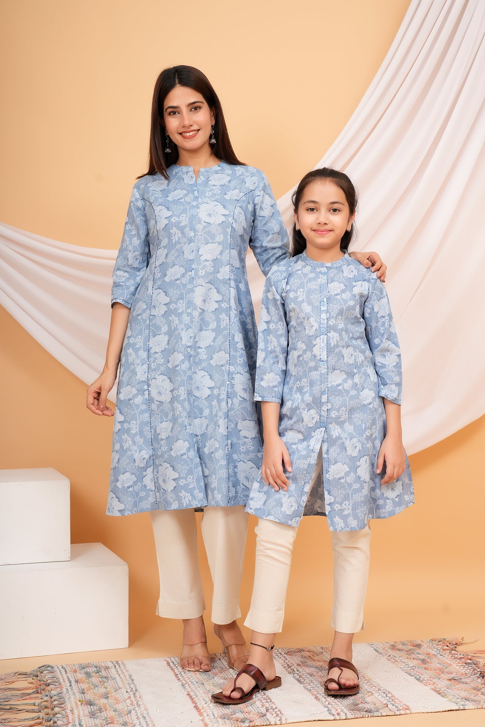 Floral Themed Blue Base White Flower Printed Traditional Kurti Maa Beti Duo - Sky Blue