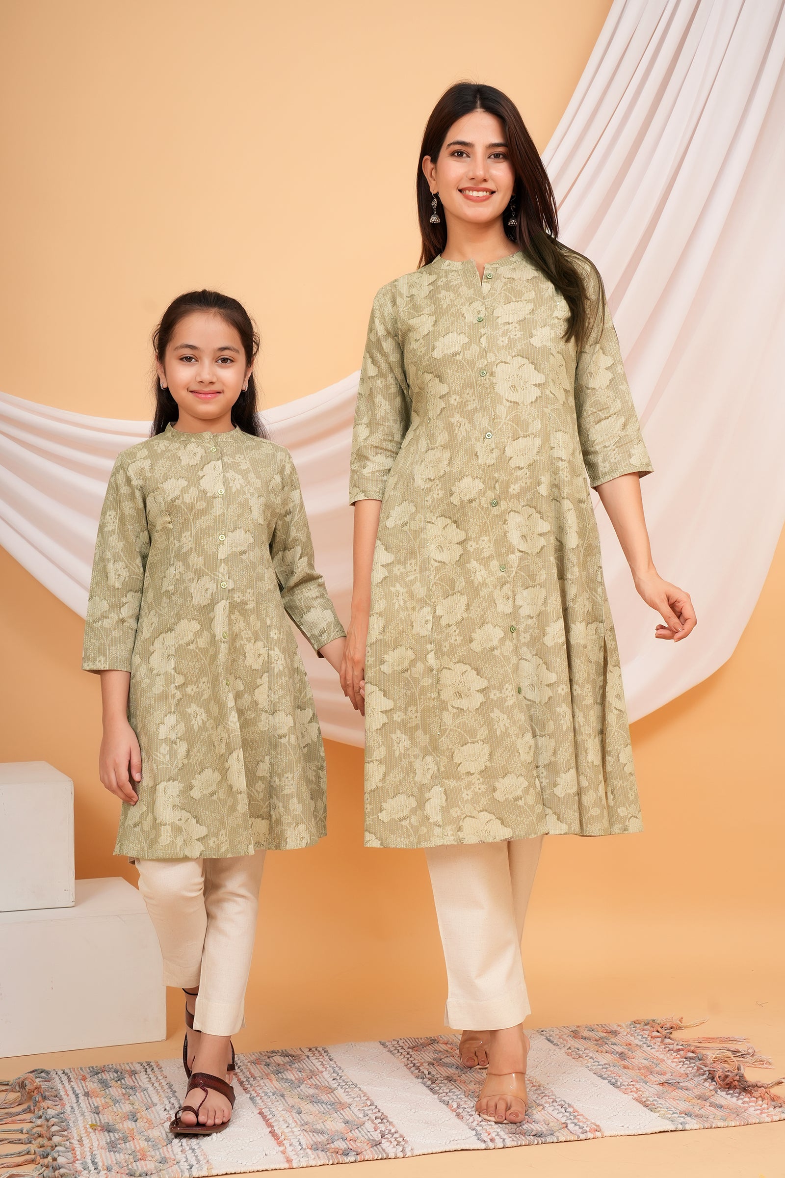 Floral Themed Greyish Green Base with Flower Printed Traditional Kurti Maa Beti Duo - Grey Green