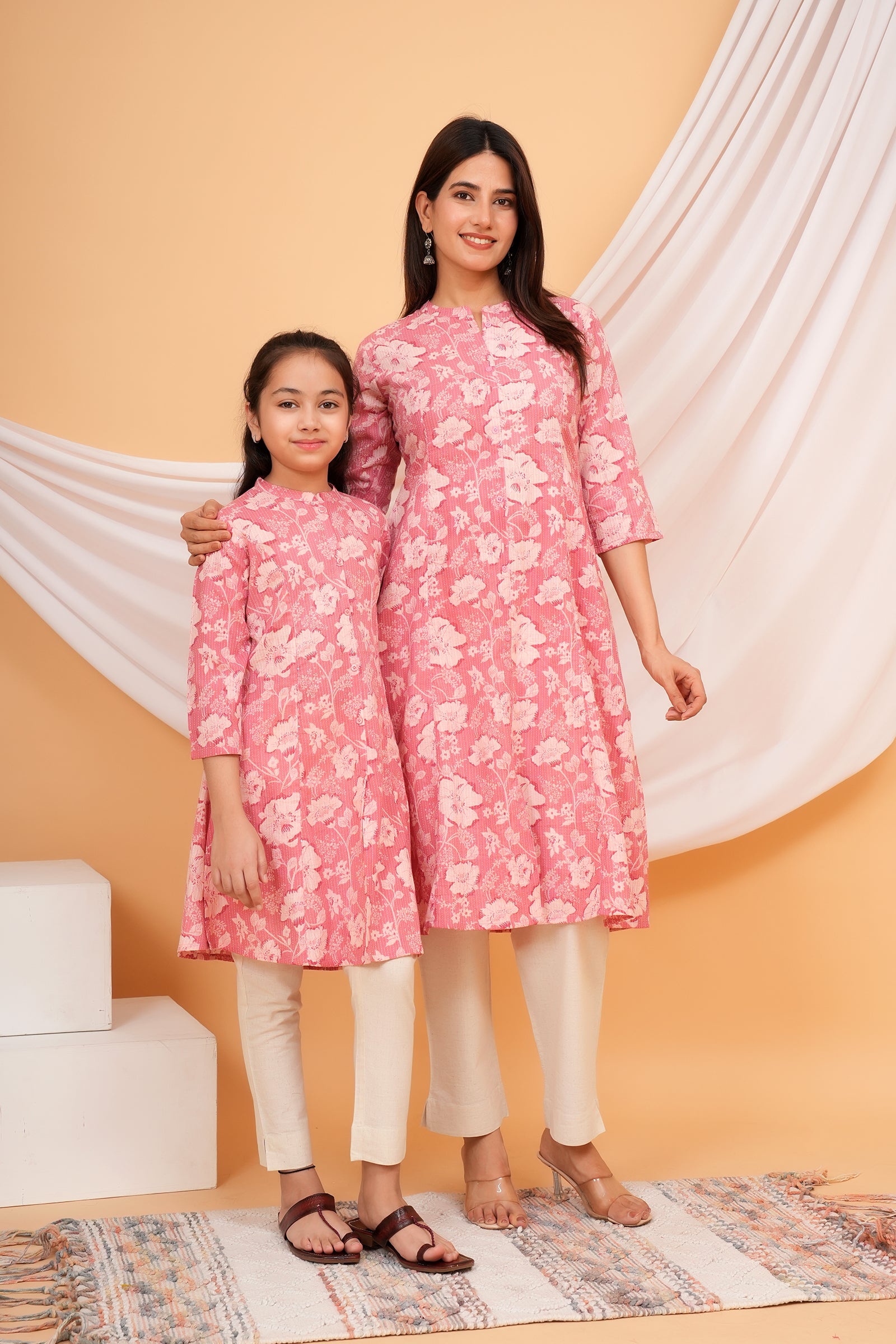 Floral Themed Pink Base Kantha Stitch Traditional Flower Printed Kurti for Maa Beti Duo - Pink