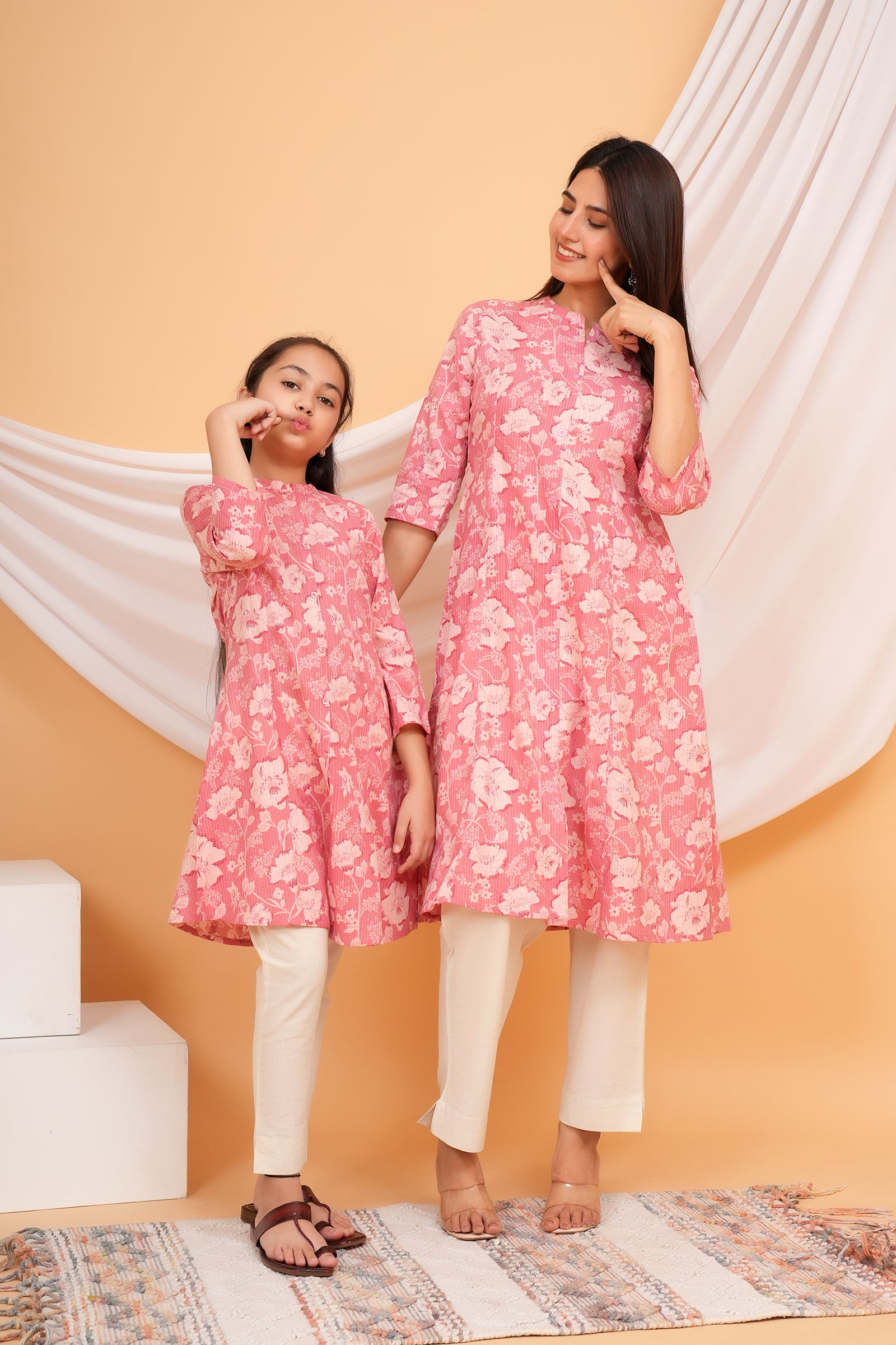 Floral Themed Pink Base Kantha Stitch Traditional Flower Printed Kurti for Maa Beti Duo - Pink