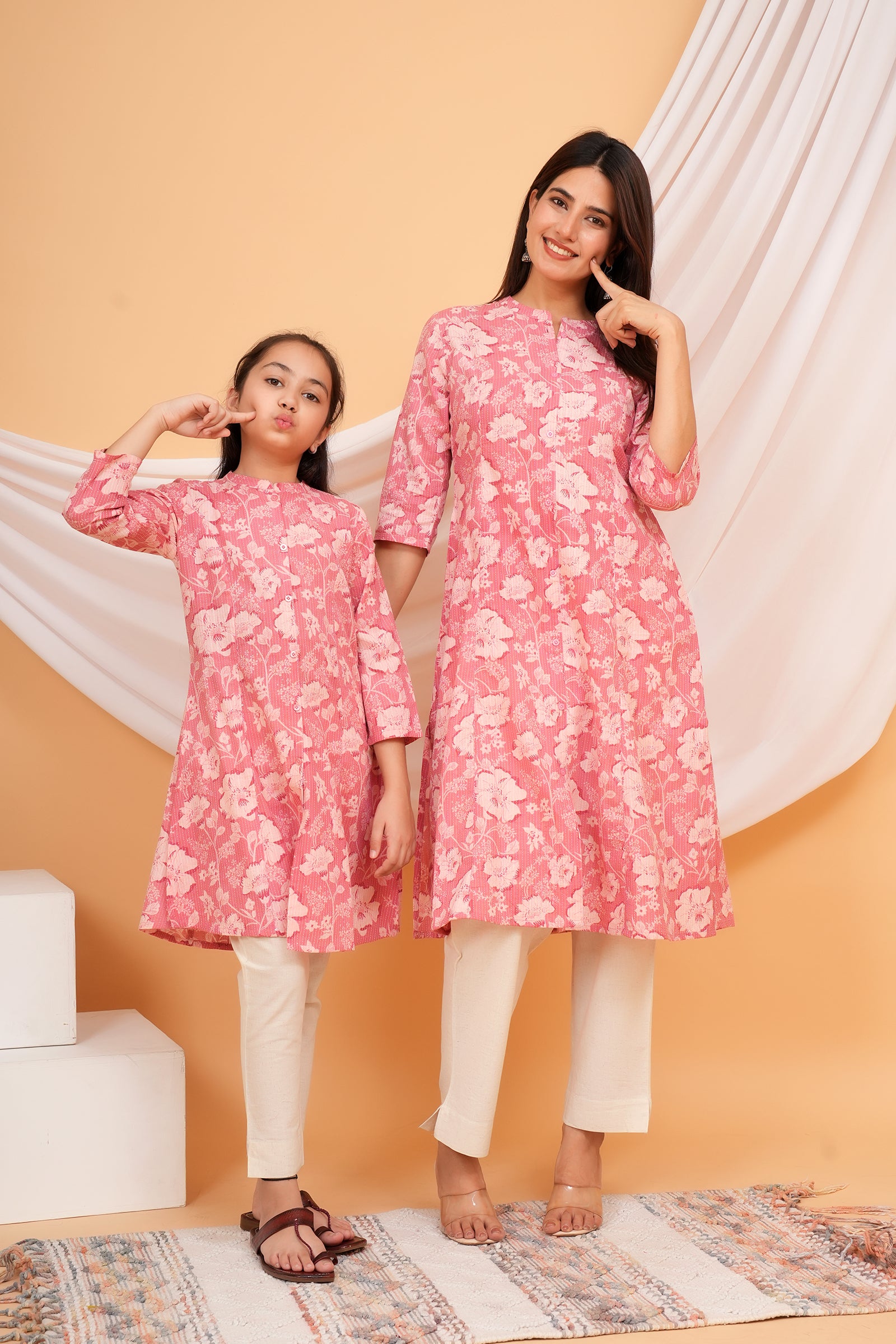 Floral Themed Pink Base Kantha Stitch Traditional Flower Printed Kurti for Maa Beti Duo - Pink