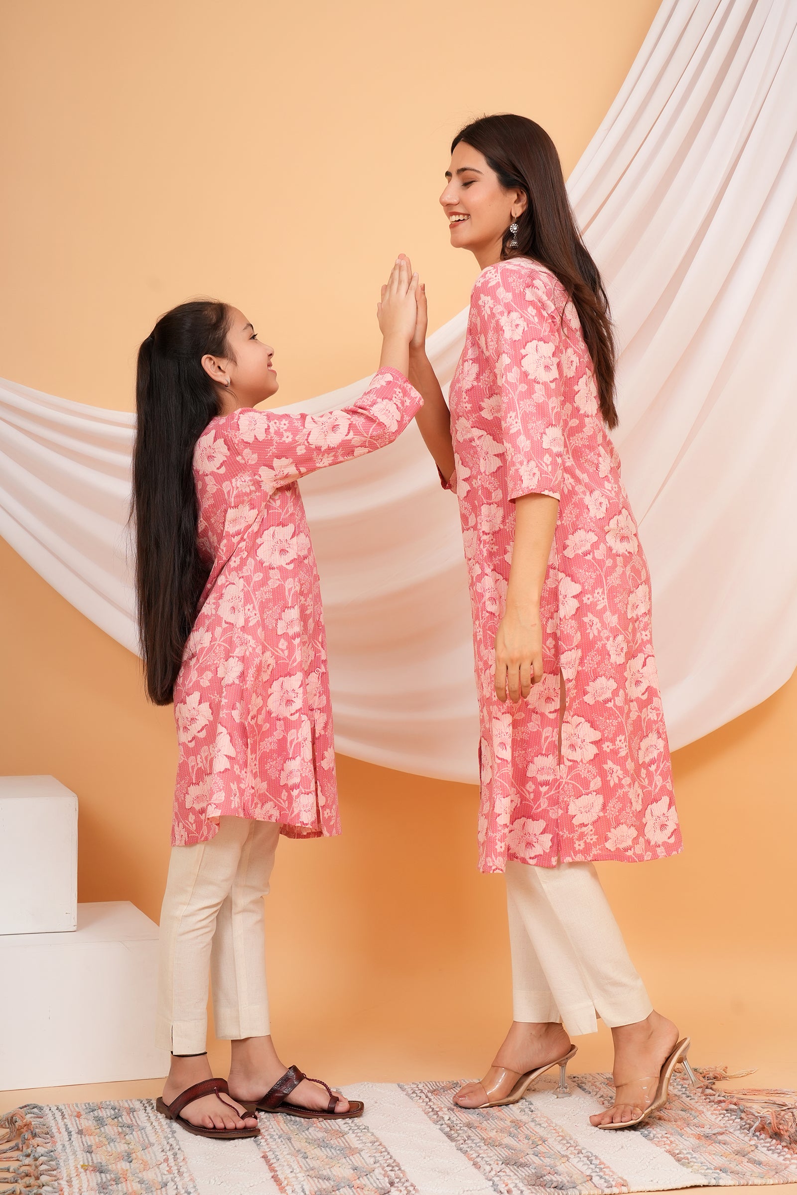 Floral Themed Pink Base Kantha Stitch Traditional Flower Printed Kurti for Maa Beti Duo - Pink