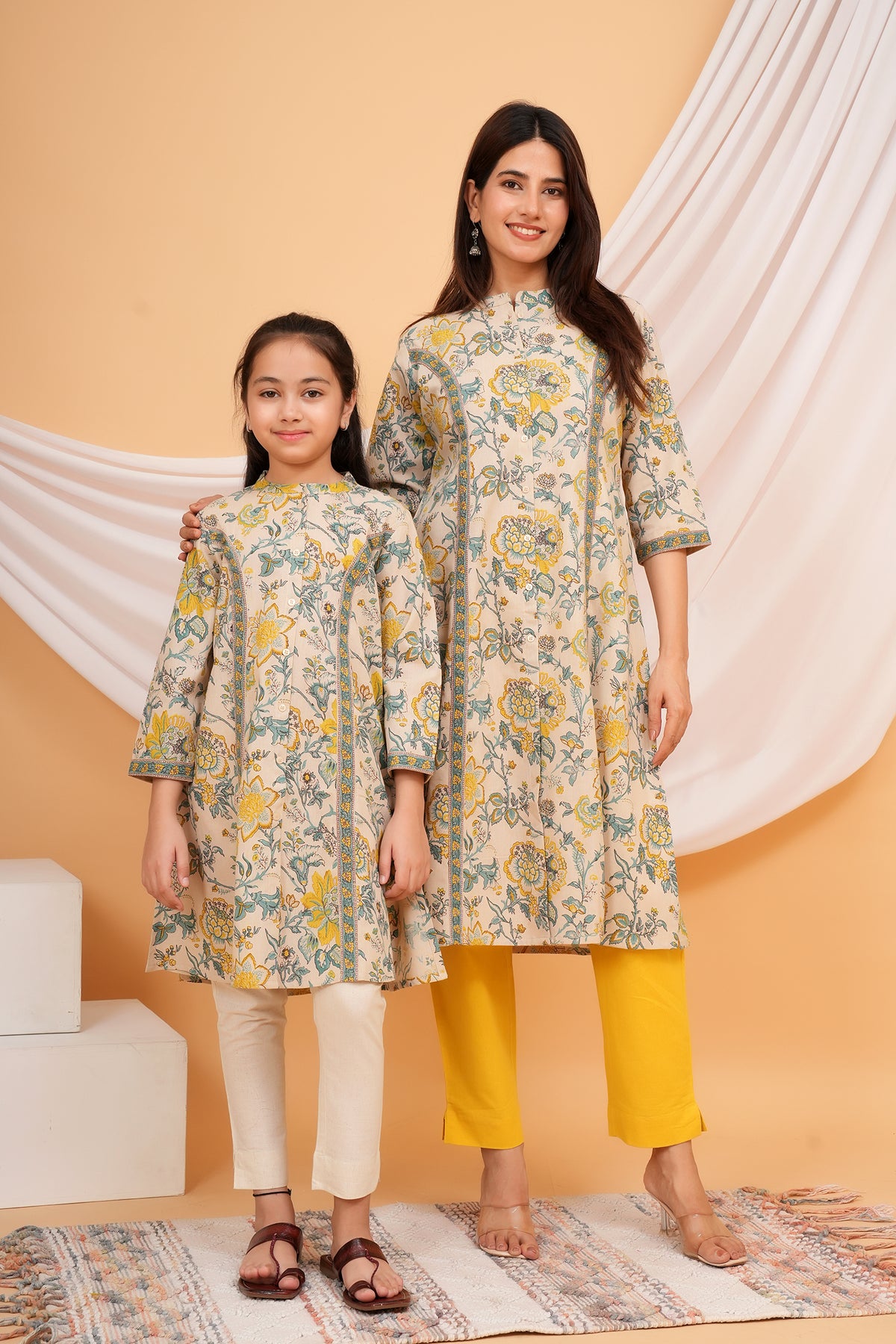 Soft Floral Botanical Printed Ethnic A-Line Kurti for Beti - Yellow