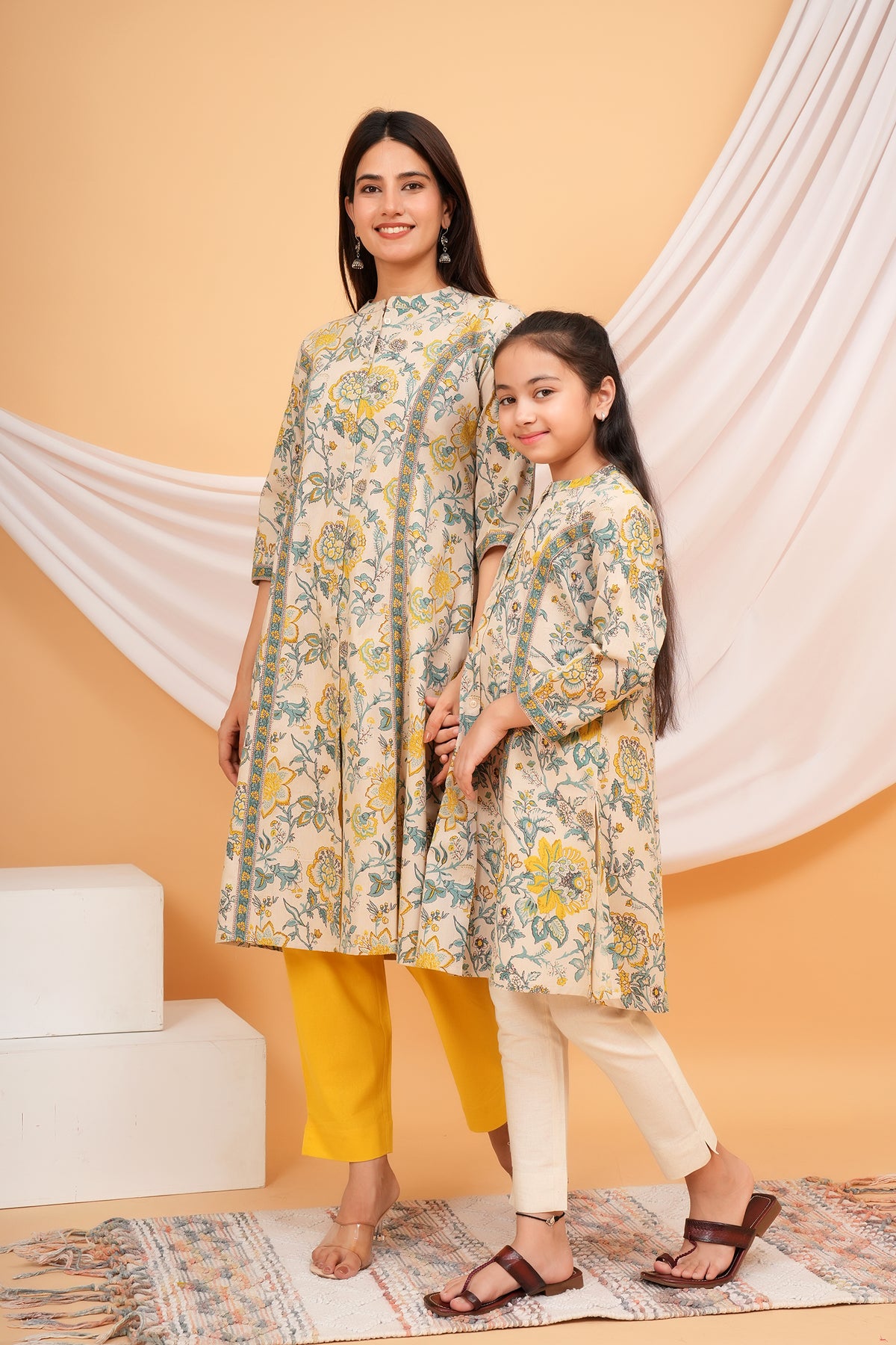 Soft Floral Botanical Printed Ethnic A-Line Kurti for Maa - Yellow