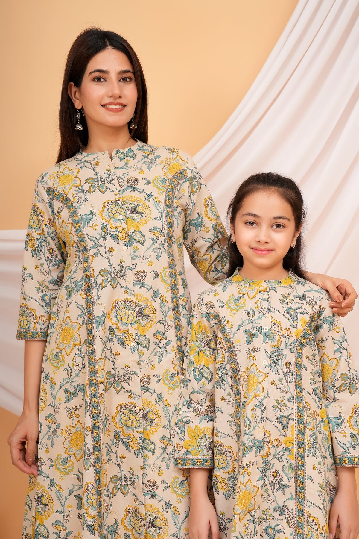 Soft Floral Botanical Printed Ethnic A-Line Kurti for Maa Beti Duo - Yellow