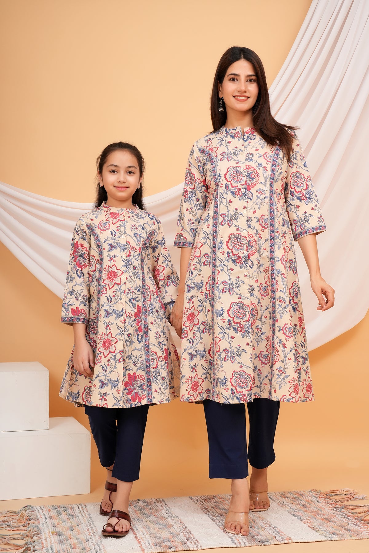 Solid Base Floral Printed Ethnic A-Line Kurti for Maa - Beige