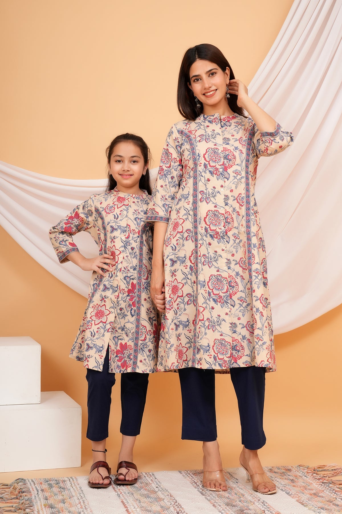 Solid Base Floral Printed Ethnic A-Line kurti for Beti  - Beige