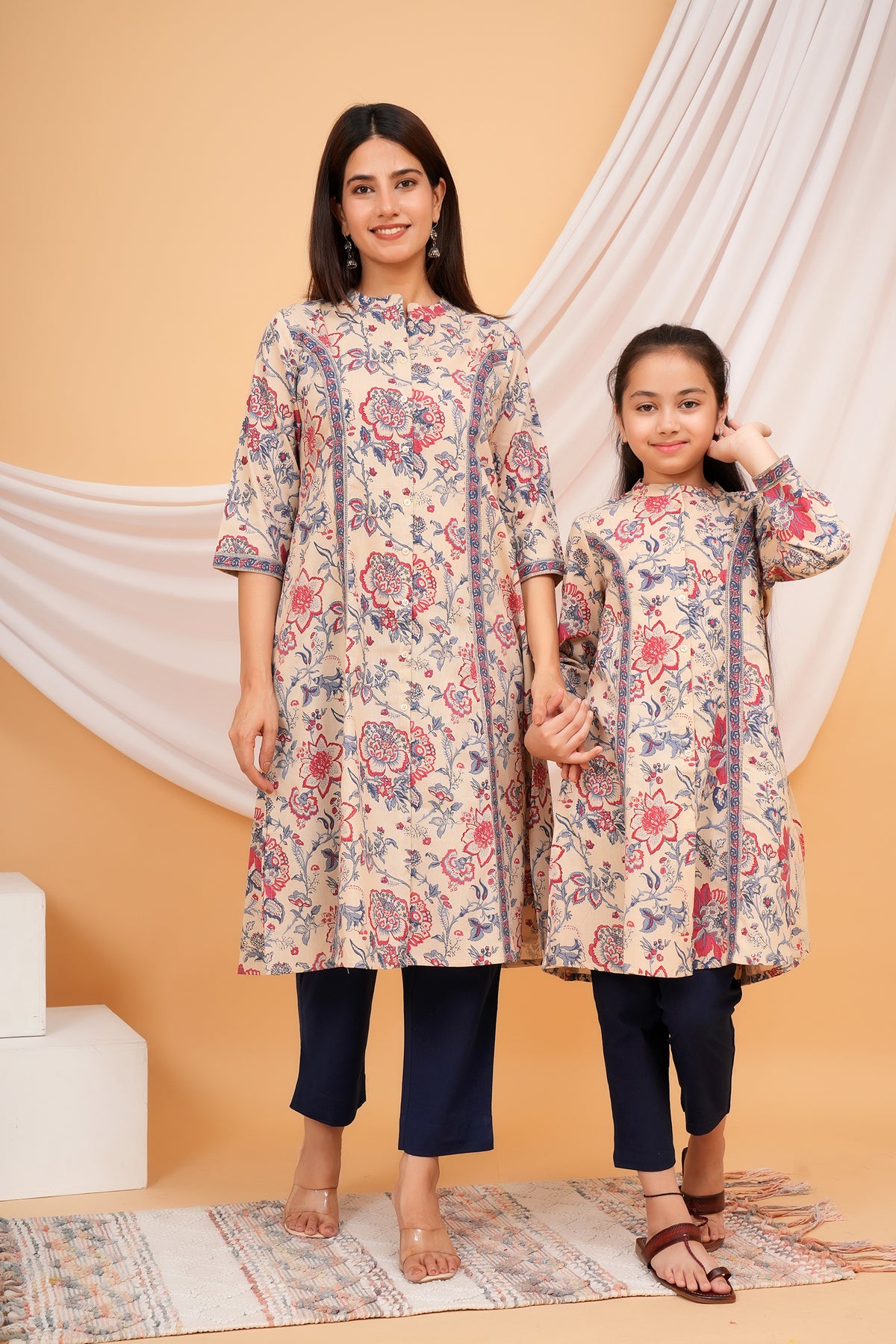 Solid Base Floral Printed Ethnic A-Line Kurti for Maa Beti Duo - Beige