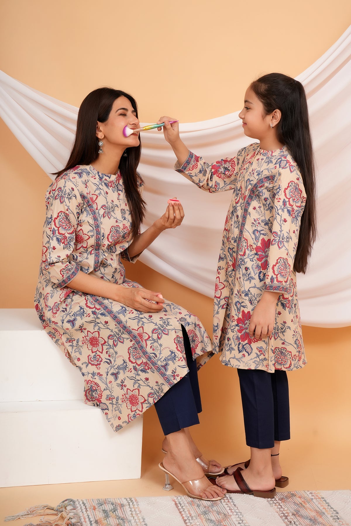 Solid Base Floral Printed Ethnic A-Line Kurti for Maa - Beige