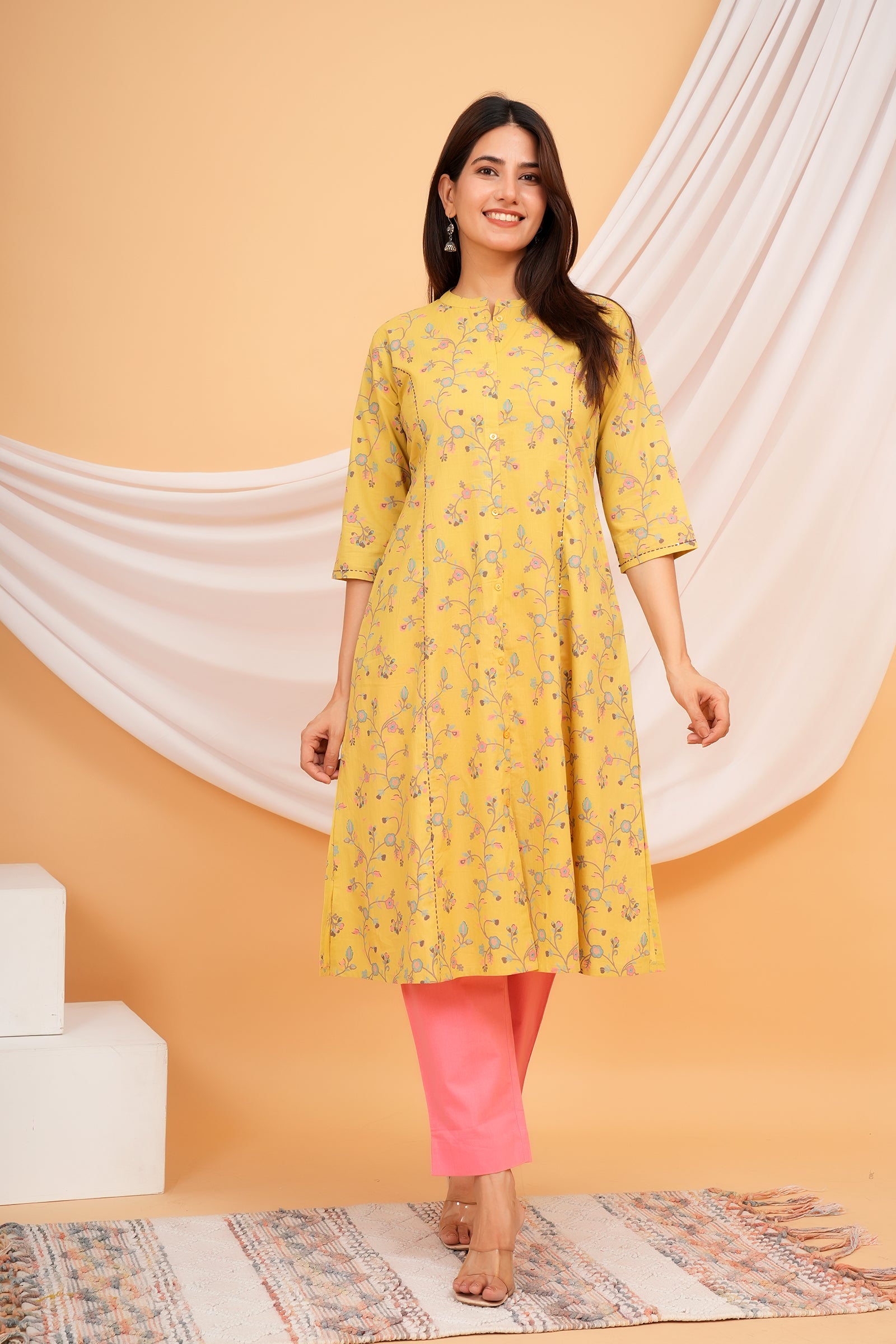 Floral Theme Traditional Flower Printed Kurti for Women - Yellow