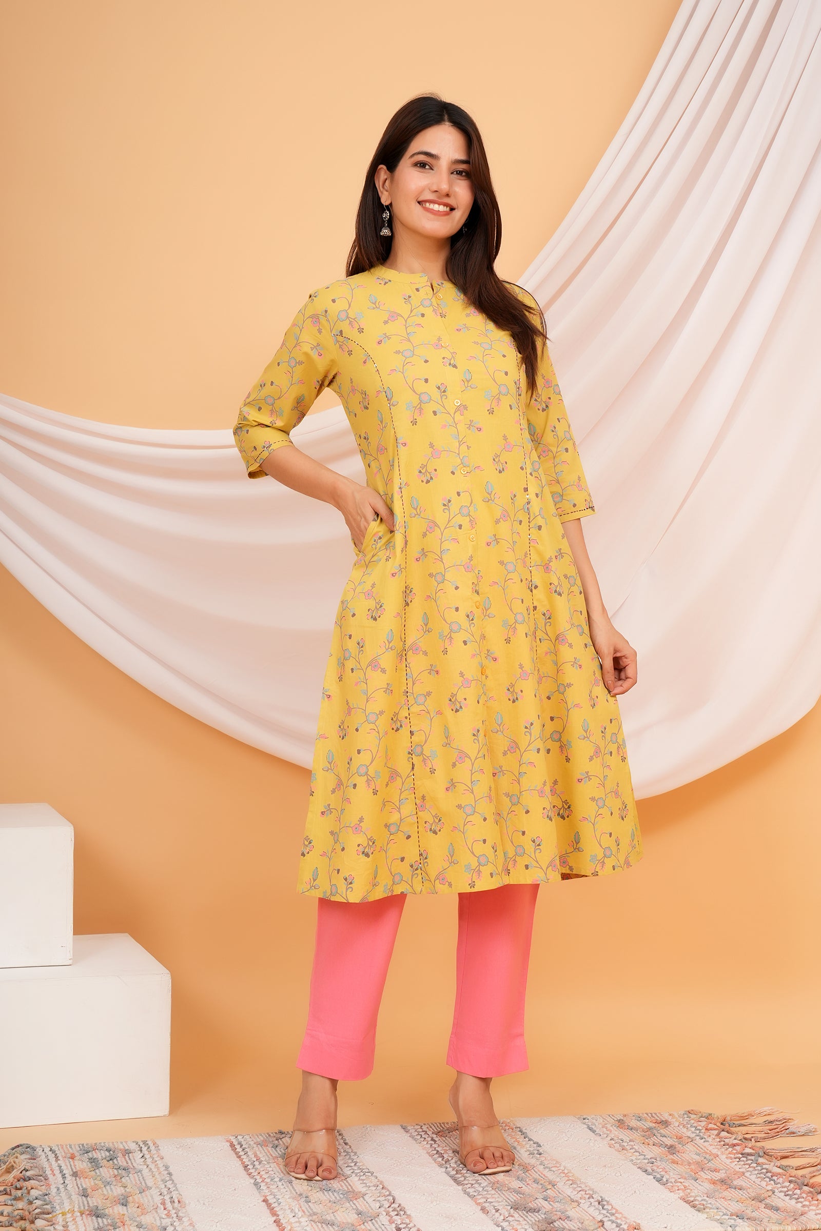 Floral Theme Traditional Flower Printed Kurti for Women - Yellow