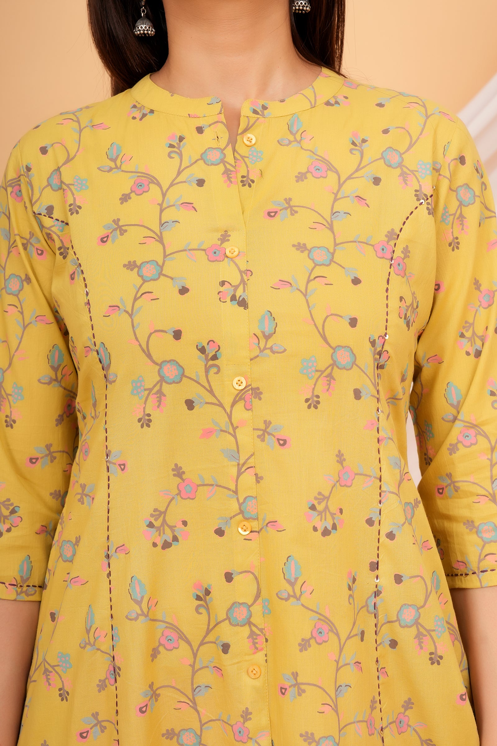 Floral Theme Traditional Flower Printed Kurti for Women - Yellow