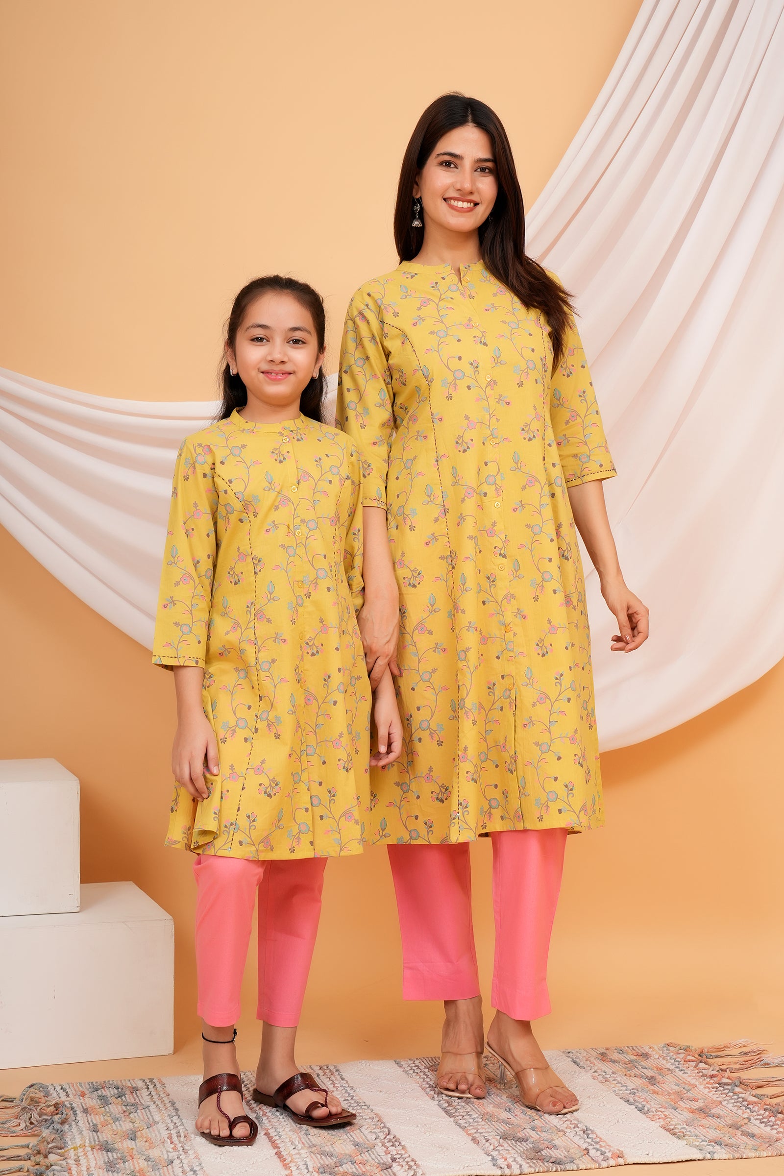 Floral Theme Traditional Flower Printed Kurti for Maa Beti Duo - Yellow