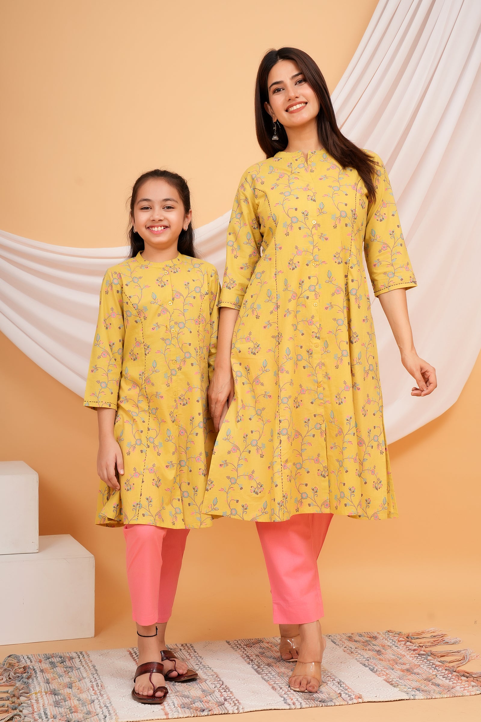 Floral Theme Traditional Flower Printed Kurti for Maa Beti Duo - Yellow