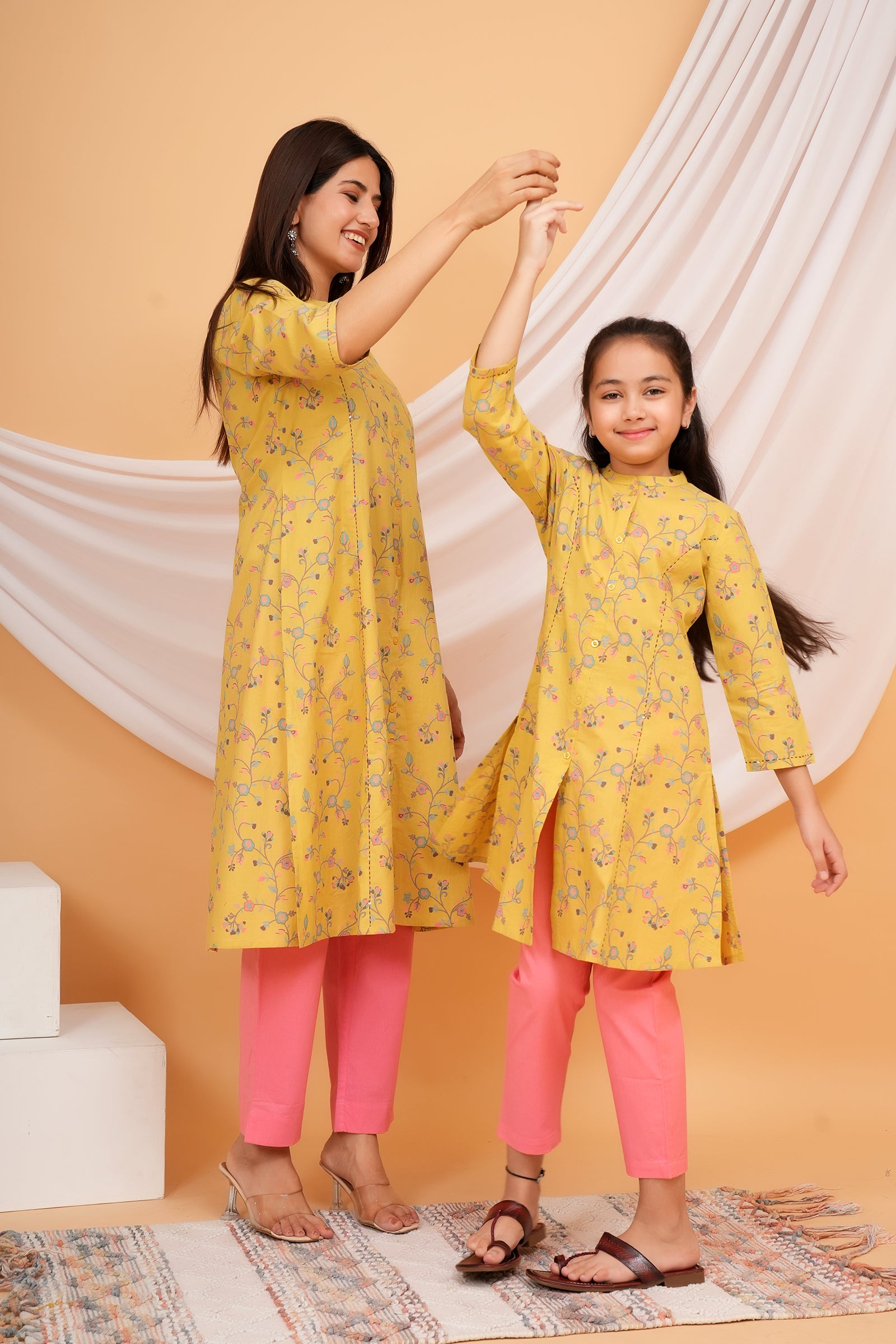 Floral Theme Traditional Flower Printed Kurti for Maa Beti Duo - Yellow