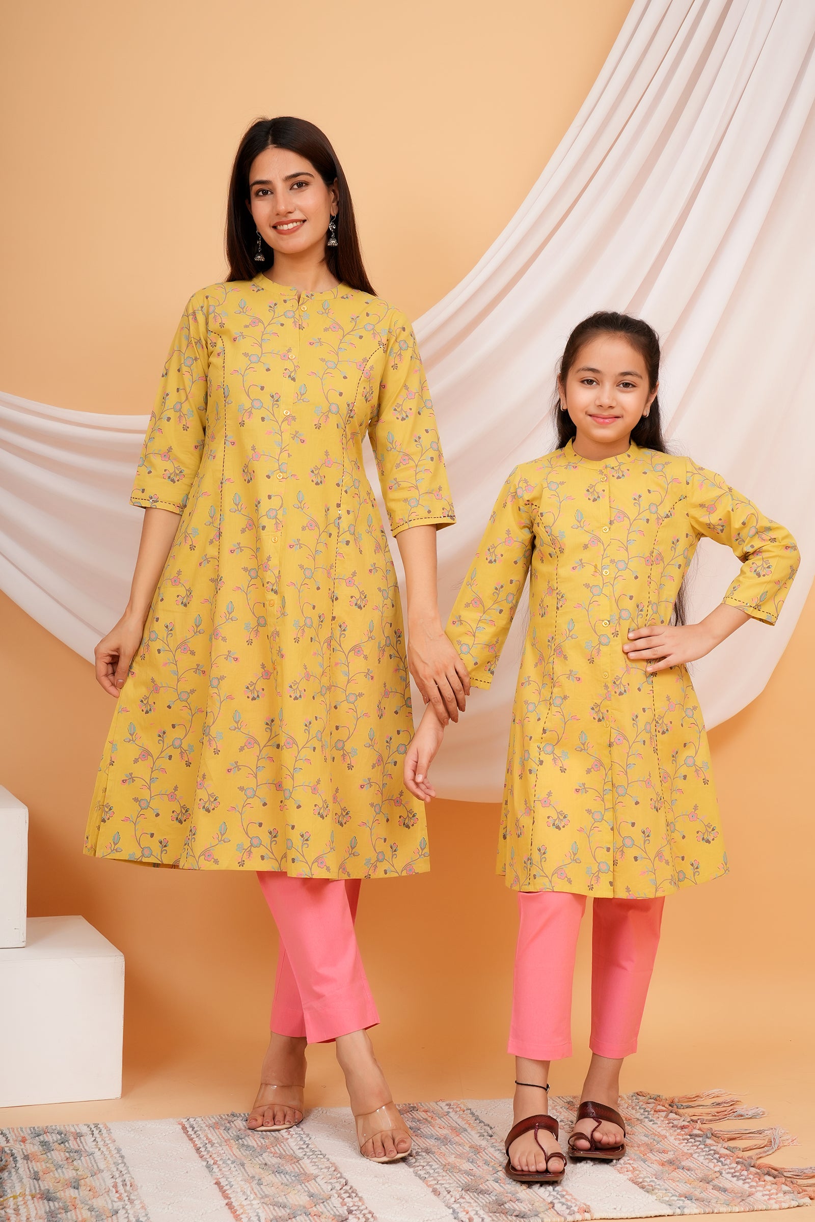 Floral Theme Traditional Flower Printed Kurti for Maa Beti Duo - Yellow