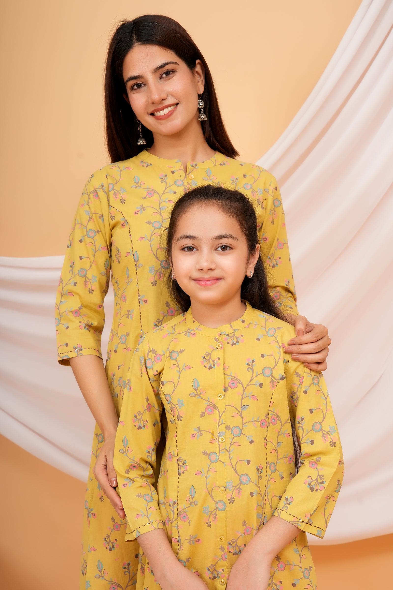 Floral Theme Traditional Flower Printed Kurti for Maa Beti Duo - Yellow