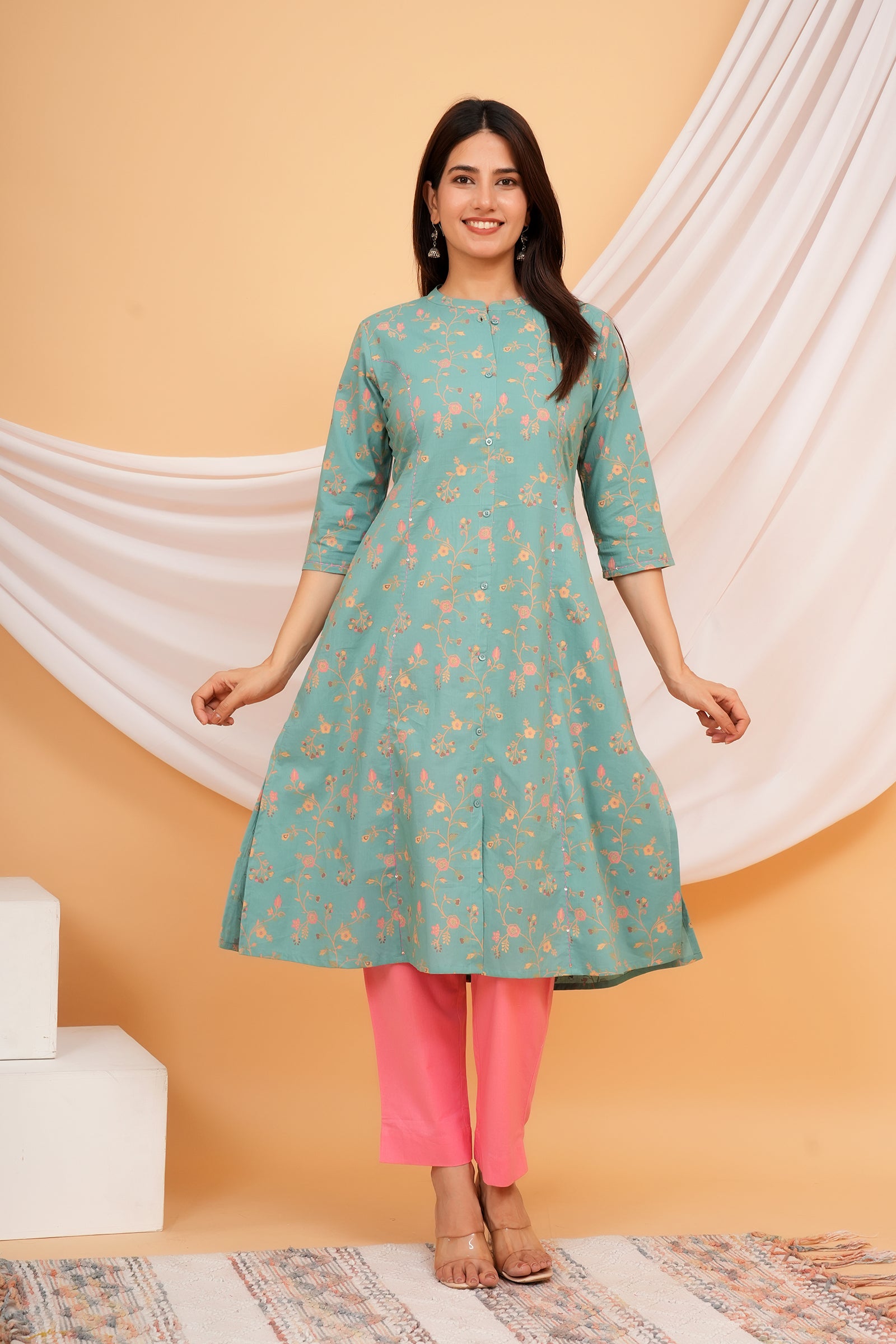 Floral Theme Traditional Flower Printed Kurti for Women - Pista