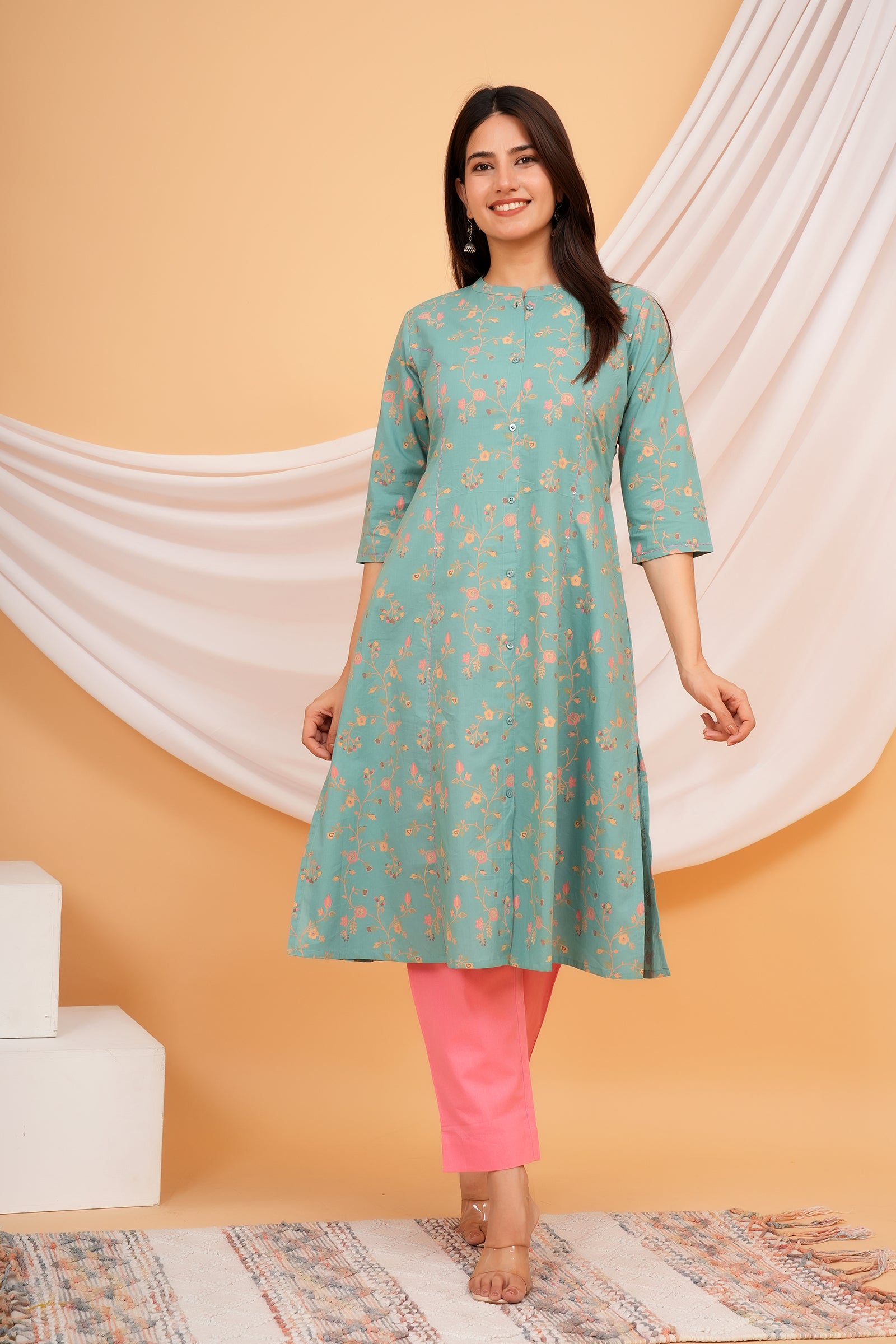 Floral Theme Traditional Flower Printed Kurti for Women - Pista