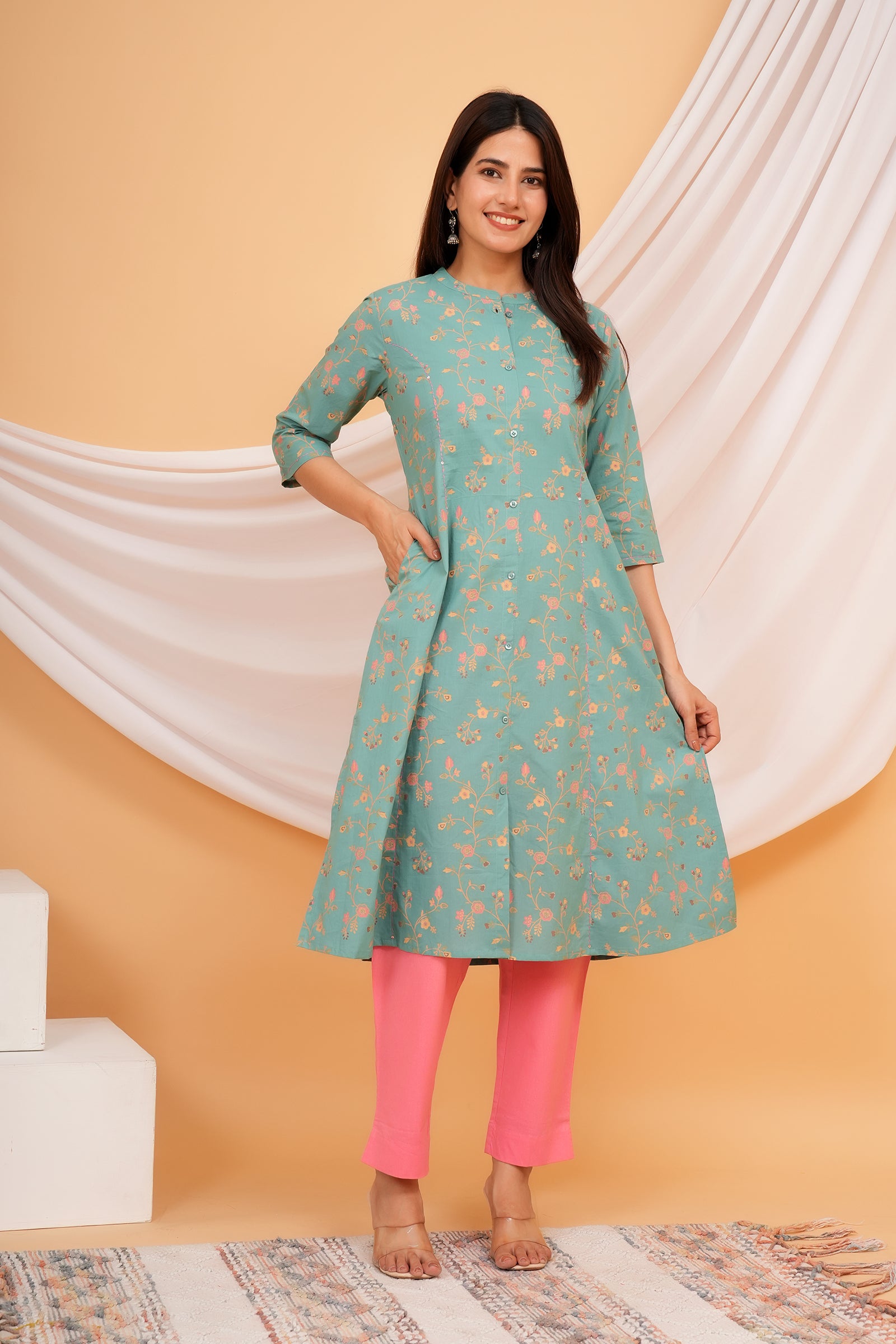 Floral Theme Traditional Flower Printed Kurti for Women - Pista