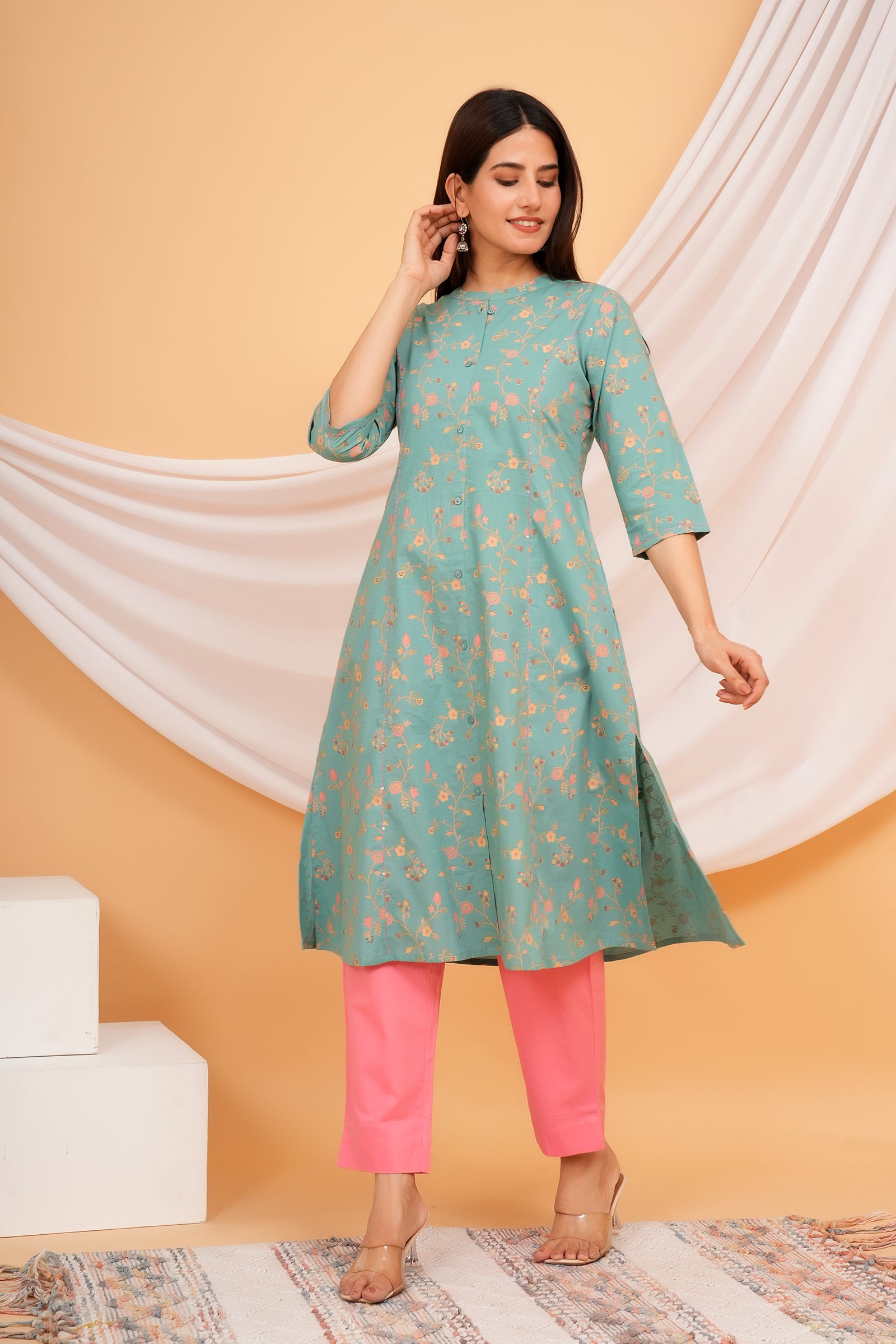 Floral Theme Traditional Flower Printed Kurti for Women - Pista