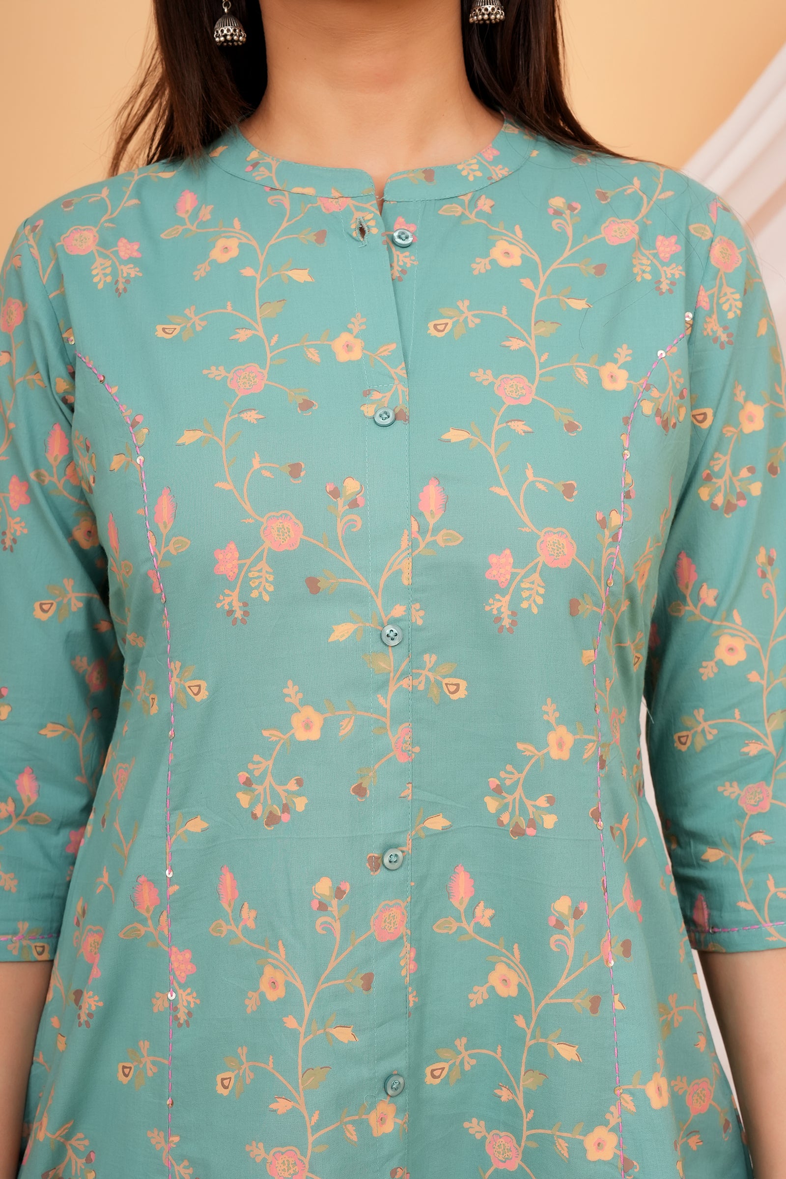 Floral Theme Traditional Flower Printed Kurti for Women - Pista