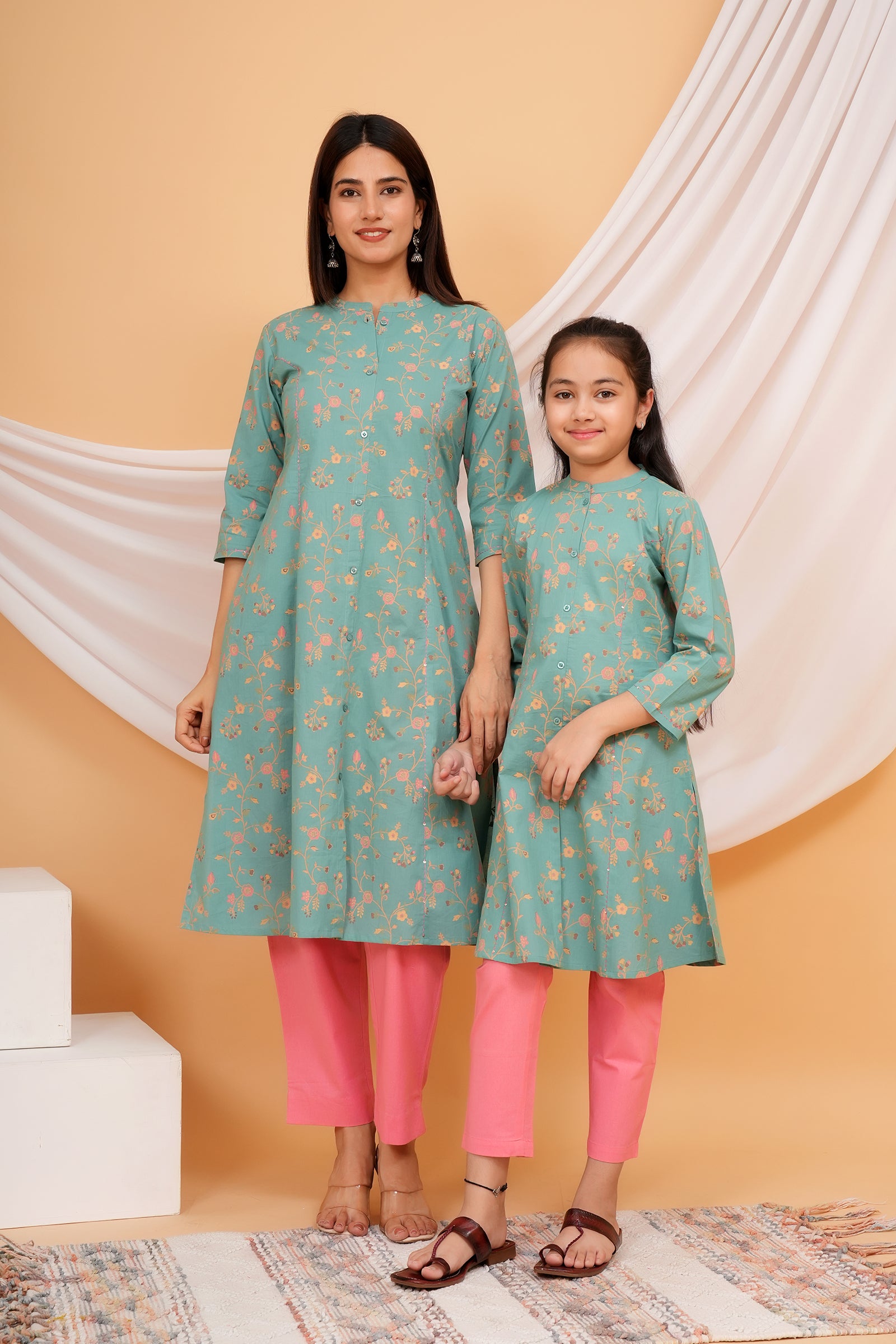 Floral Theme Traditional Flower Printed Kurti for Maa Beti Duo - Pista