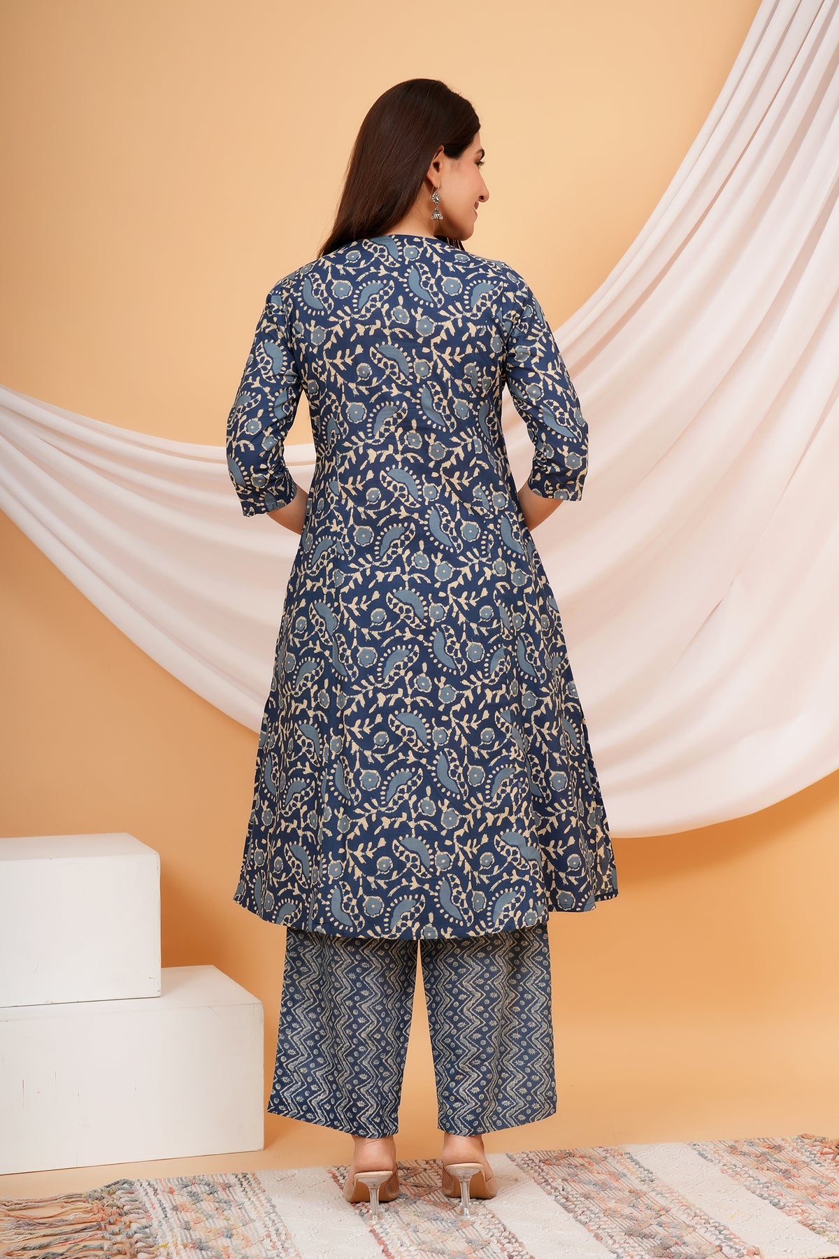 Ajrakh Inspired Paisley, Floral, and Geometric Motif Printed 3 PC Kurta Set - Indigo Blue