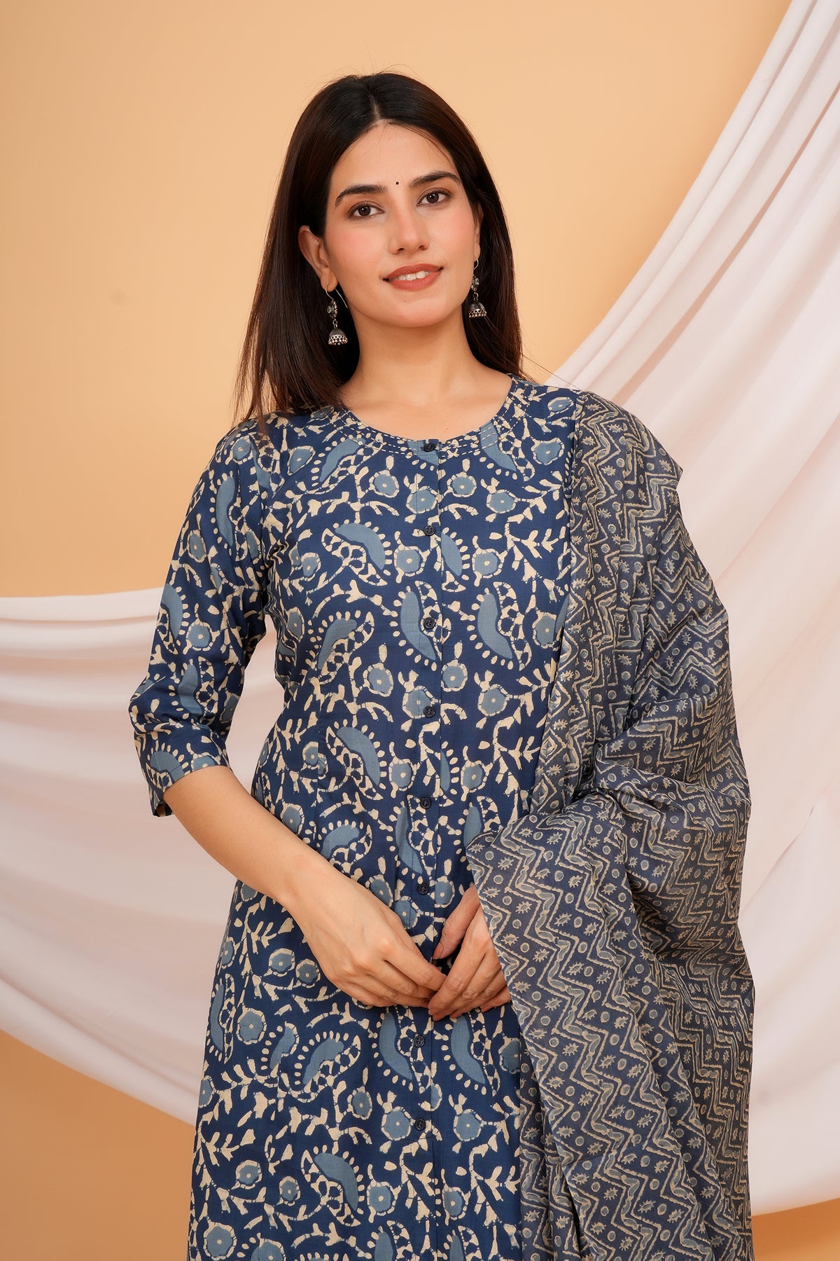 Ajrakh Inspired Paisley, Floral, and Geometric Motif Printed 3 PC Kurta Set - Indigo Blue