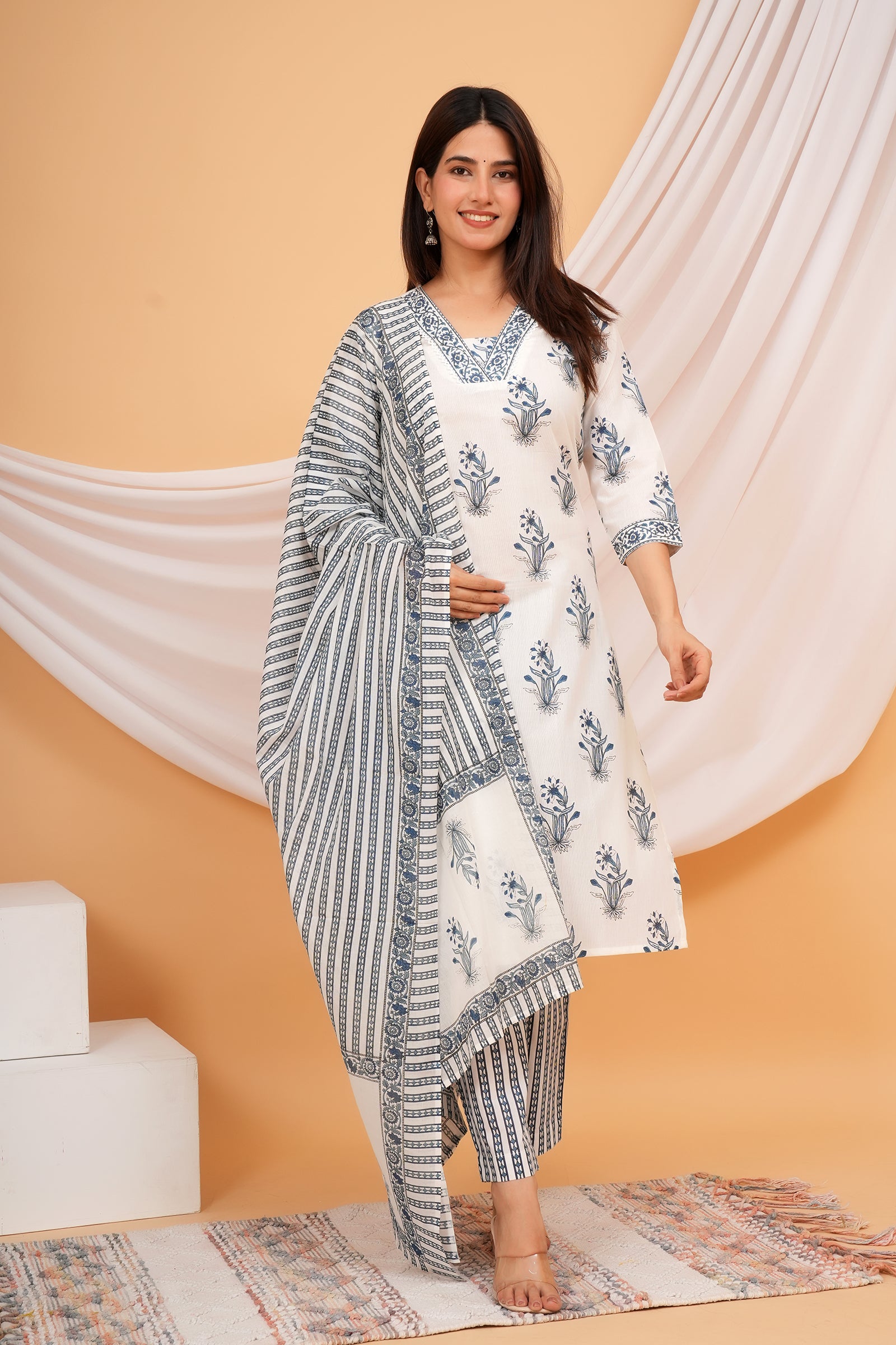 Windflower Printed Ladies Traditional Ethnic Wear 3 Pcs Set - White