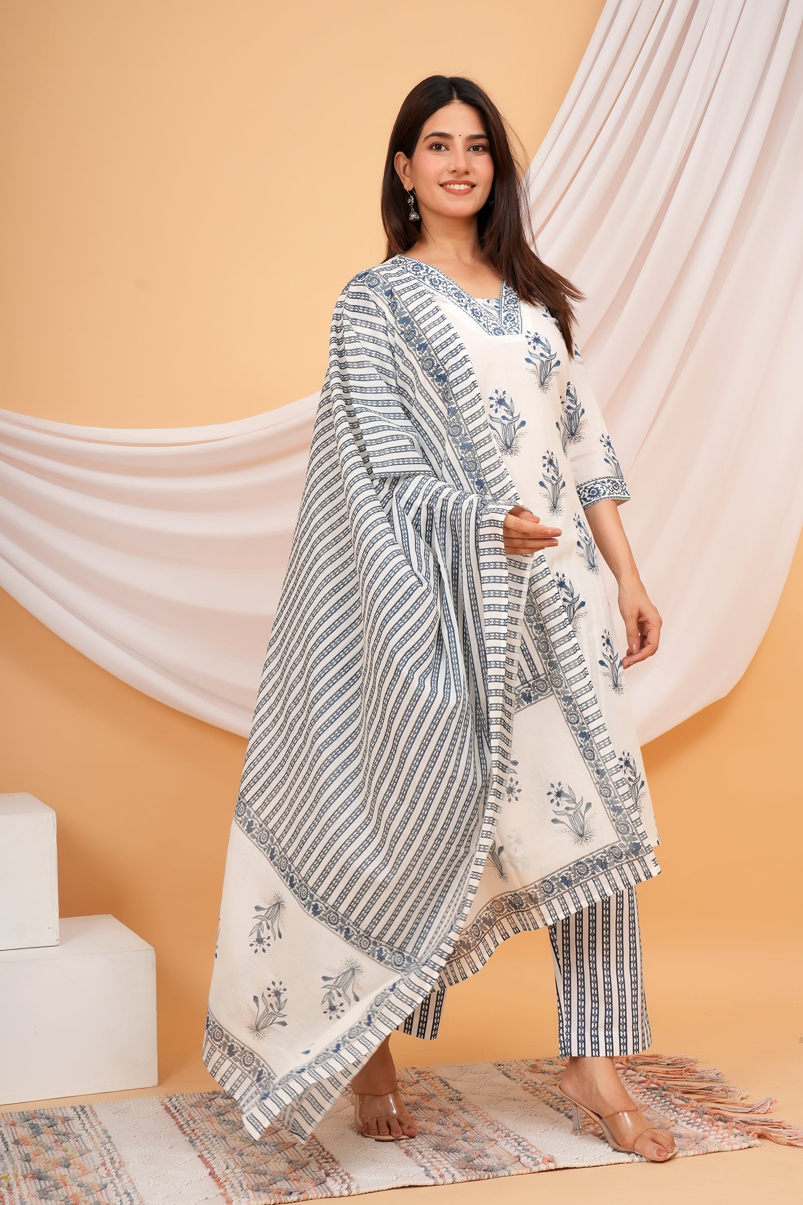 Windflower Printed Ladies Traditional Ethnic Wear 3 Pcs Set - White