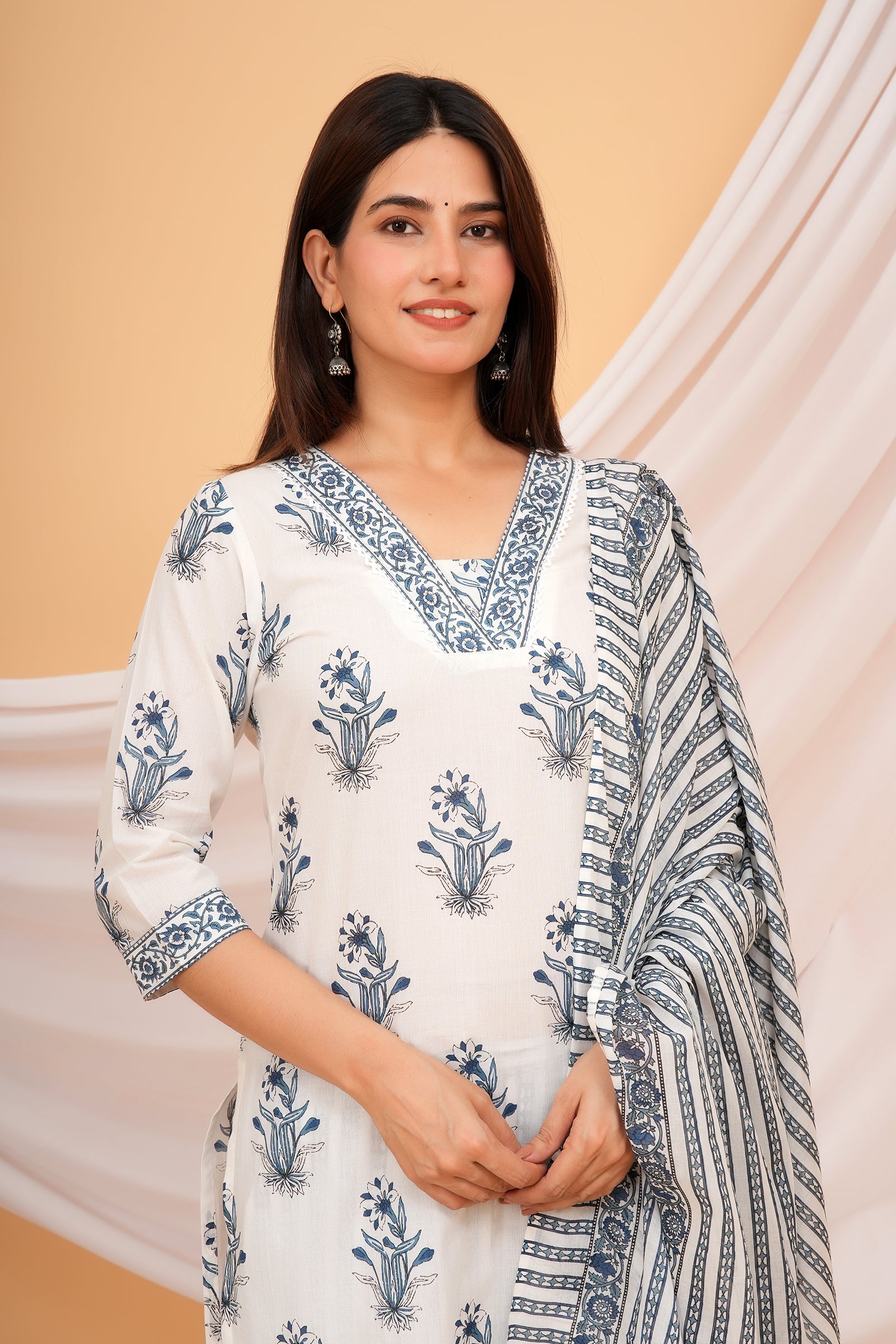 Windflower Printed Ladies Traditional Ethnic Wear 3 Pcs Set - White