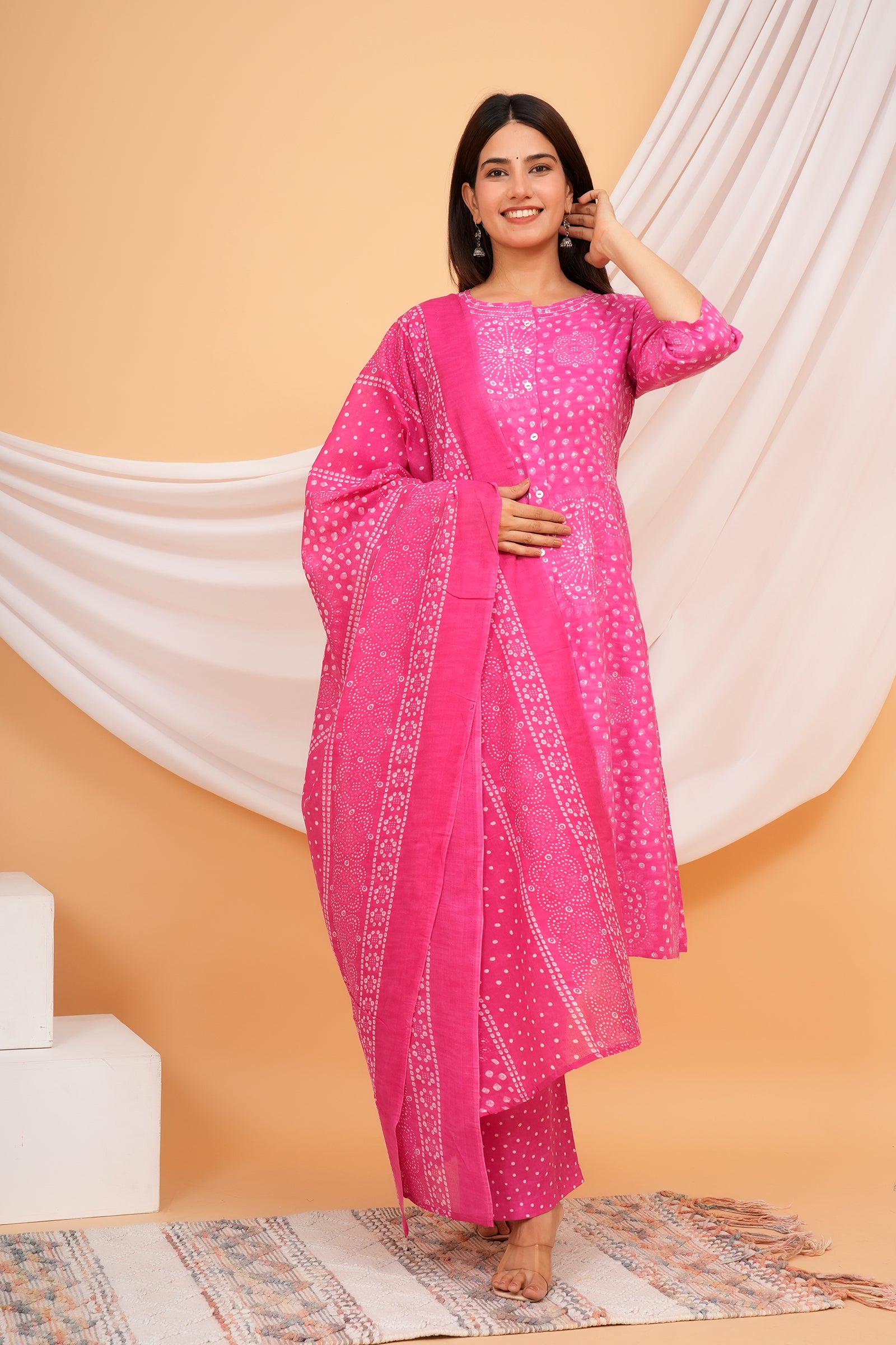 Jaipuri Floral Printed Ladies Traditional Ethnic Wear 3 Pcs Set - Pink