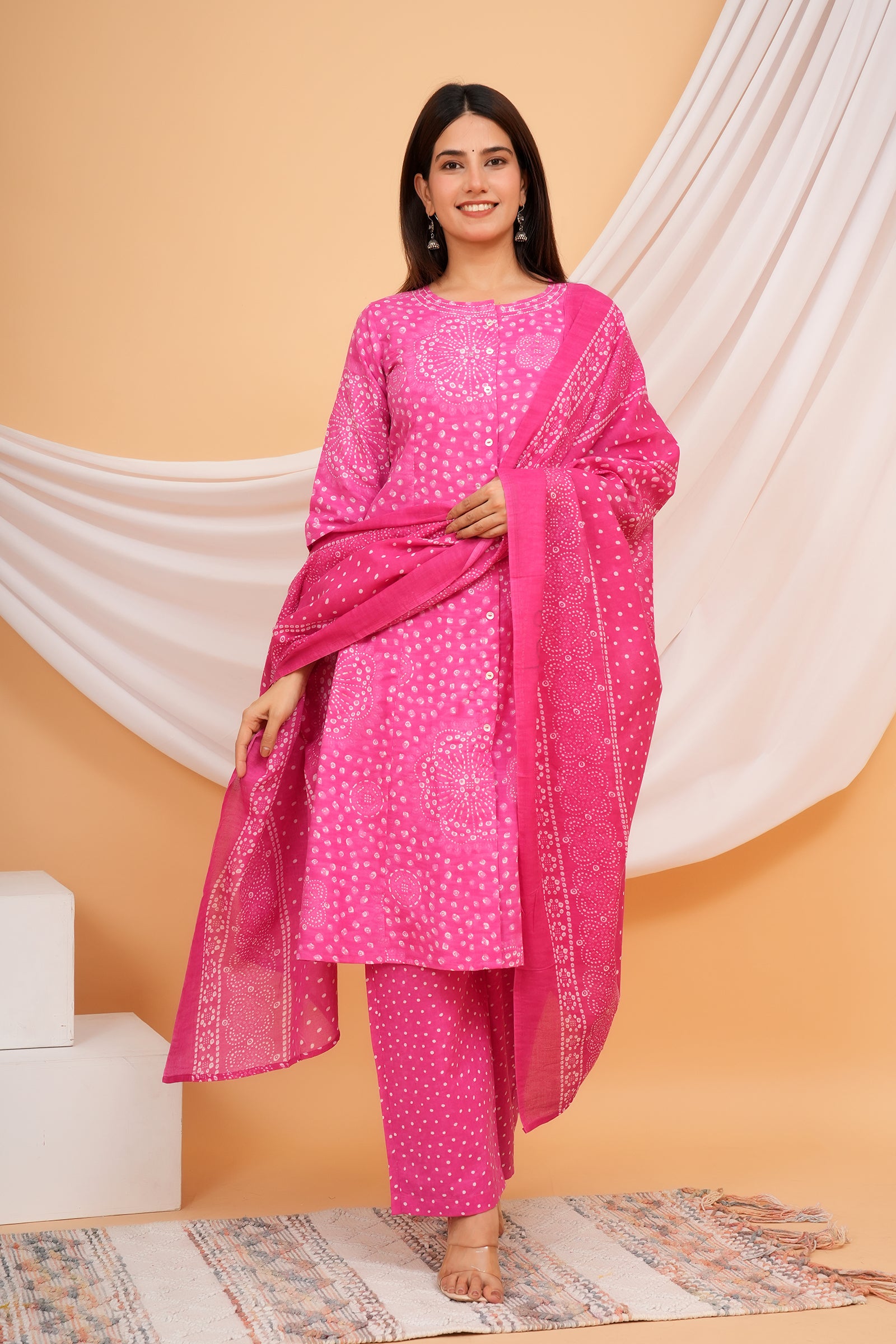 Jaipuri Floral Printed Ladies Traditional Ethnic Wear 3 Pcs Set - Pink