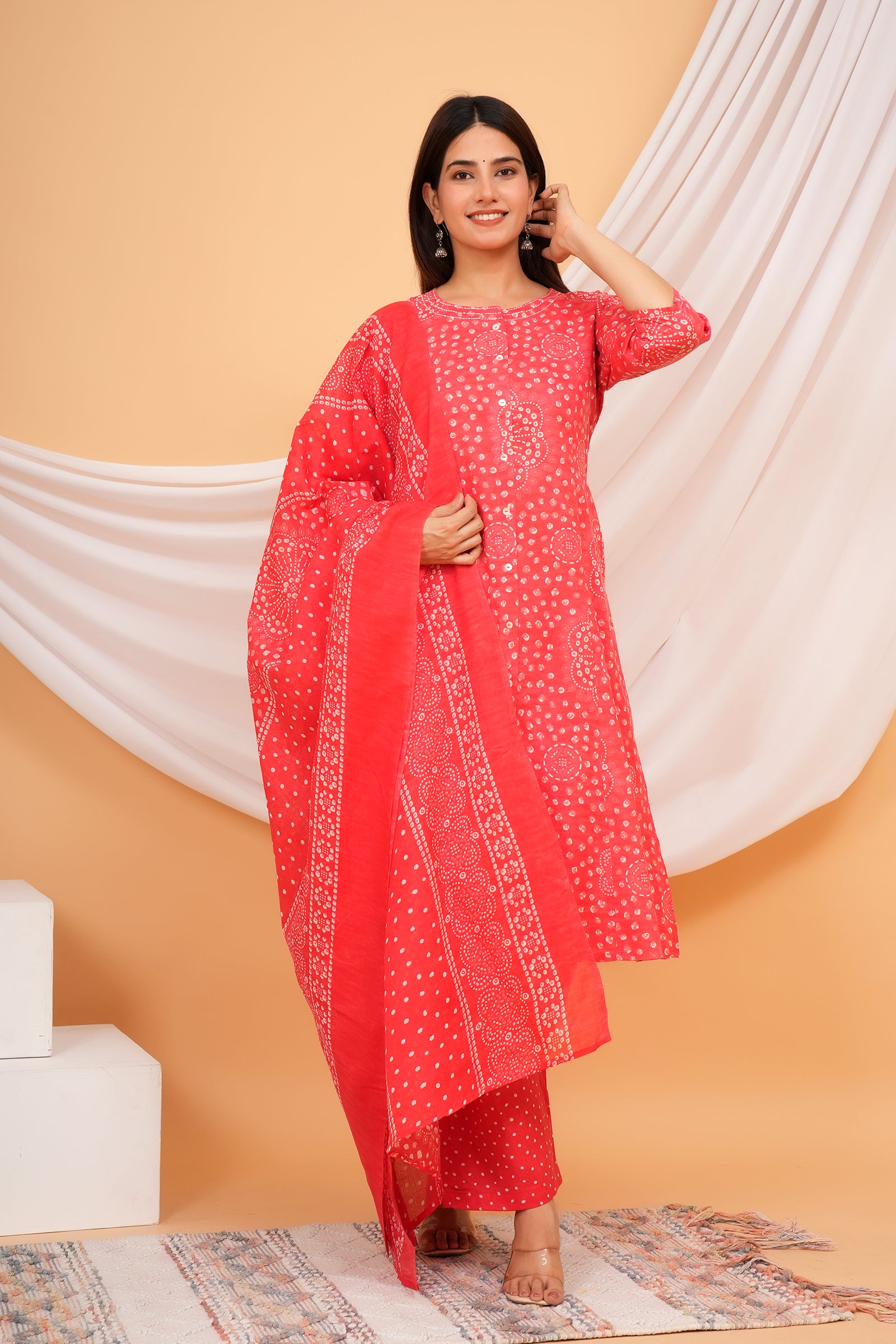 Jaipuri Floral Printed Ladies Traditional Ethnic Wear 3 Pcs Set - Red