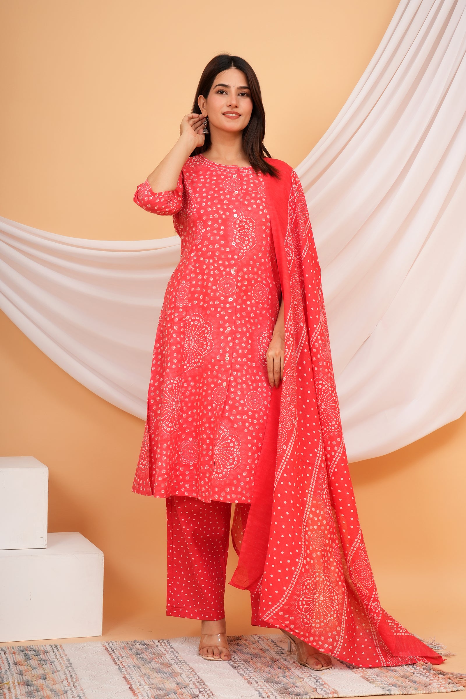 Jaipuri Floral Printed Ladies Traditional Ethnic Wear 3 Pcs Set - Red